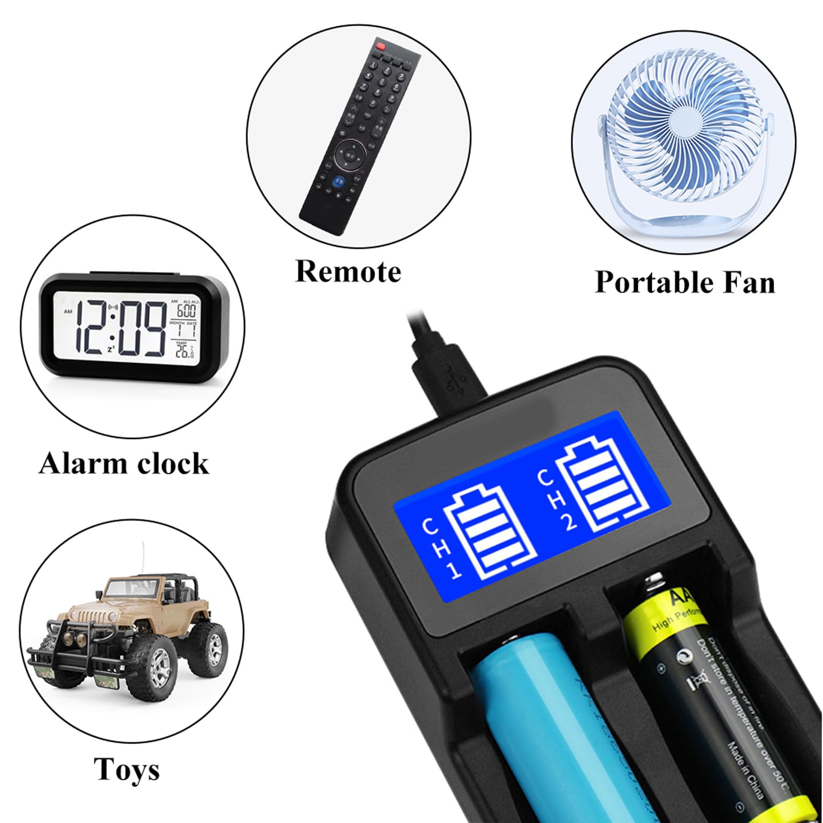 2-Slot LCD Charger for 18650/18490/18350/17670/17500/16340/14500 Rechargeable Batteries - Universal Battery Charger for Flashlights, Vape Mods & Electronic Devices