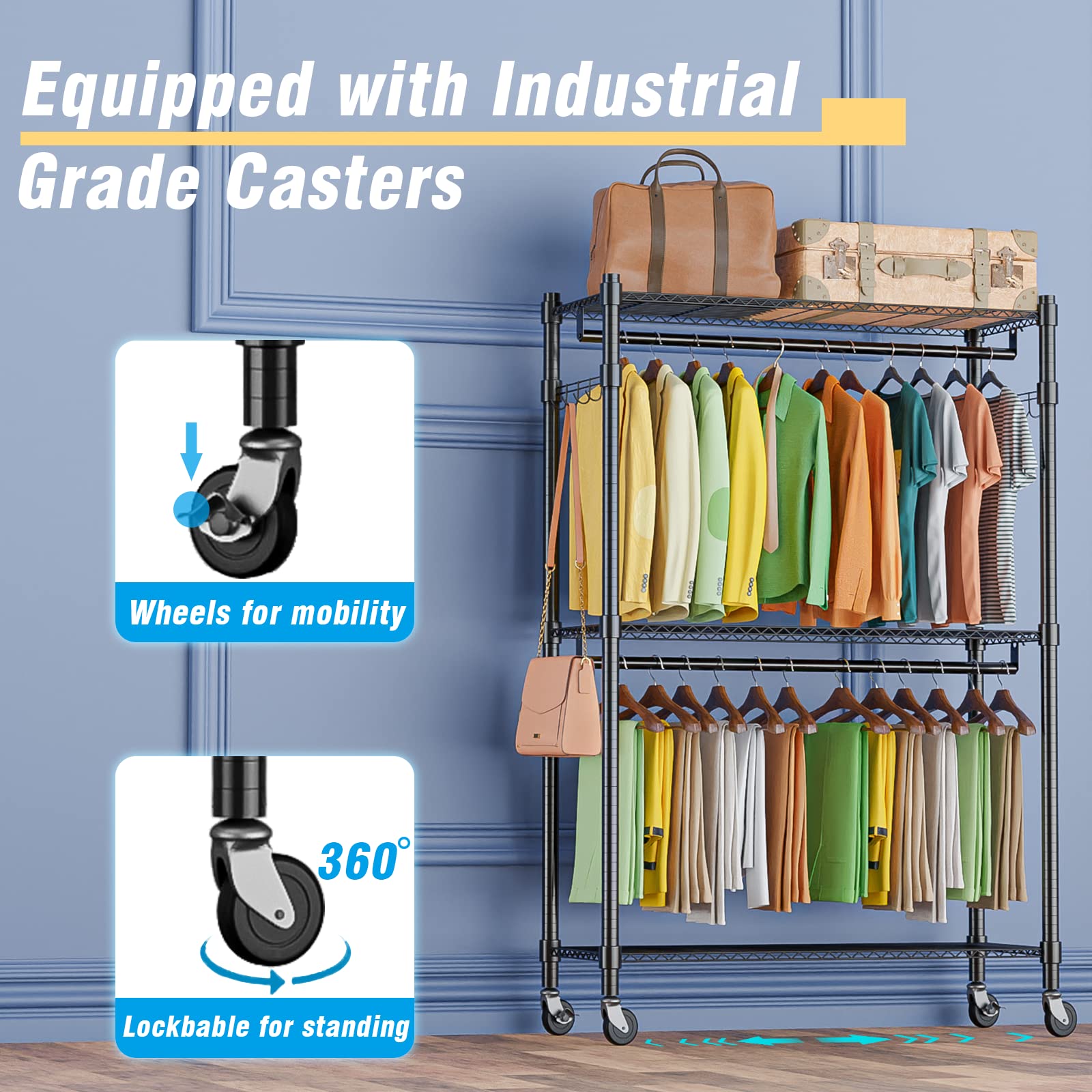Homdox Heavy Duty Rolling Garment Rack with Double Rod & Shelves - 450 LBS Capacity Lockable Wheels & Hanging Hooks | Portable Free Standing Wardrobe Storage for Closet Organization, Bedroom, Laundry Room or Retail Store Display