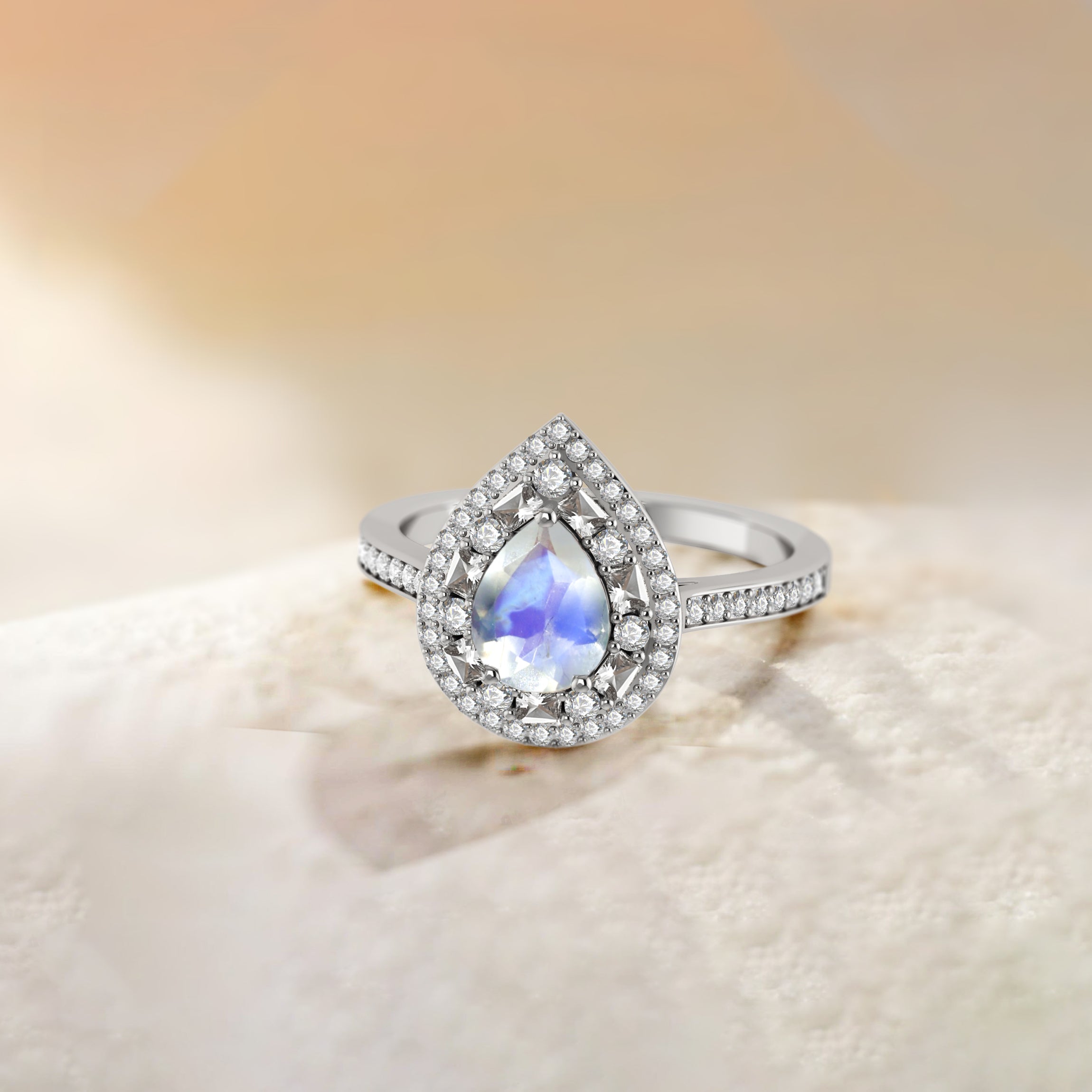 Natural Pear Shape Moonstone Halo Statement Ring for Women | Elegant Boho Jewelry for Weddings, Parties & Special Occasions