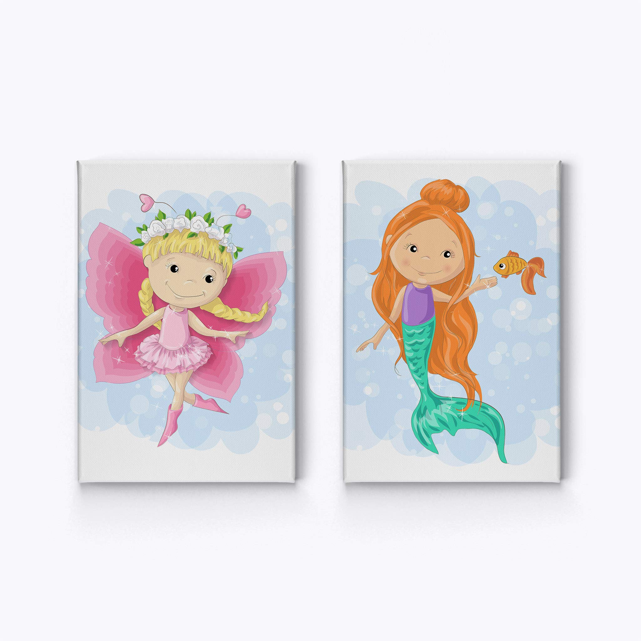 Cute Fairy and Mermaid Canvas Wall Art Set - 2 Panel Nursery Decor for Kids Room, Baby Girl Bedroom, Ready to Hang (40x30 Inches x2) - Perfect for Children's Playroom, Toddler's Bedroom & Baby Shower Gift - Made in USA