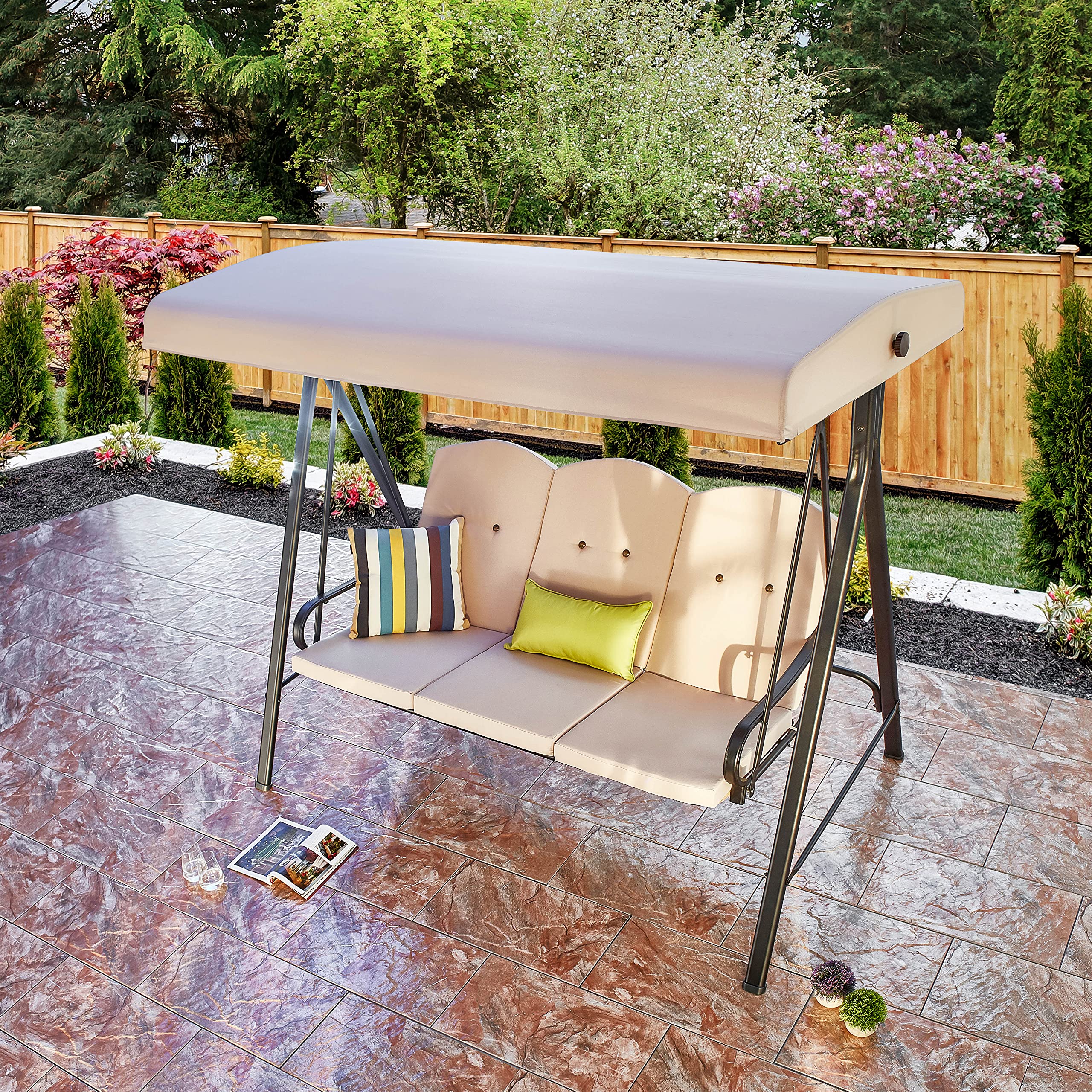 3-Person Outdoor Patio Swing Bench with Adjustable Canopy - Steel Frame, UV-Resistant Sun Protection - Perfect for Porch, Garden, or Backyard Relaxation (Beige)