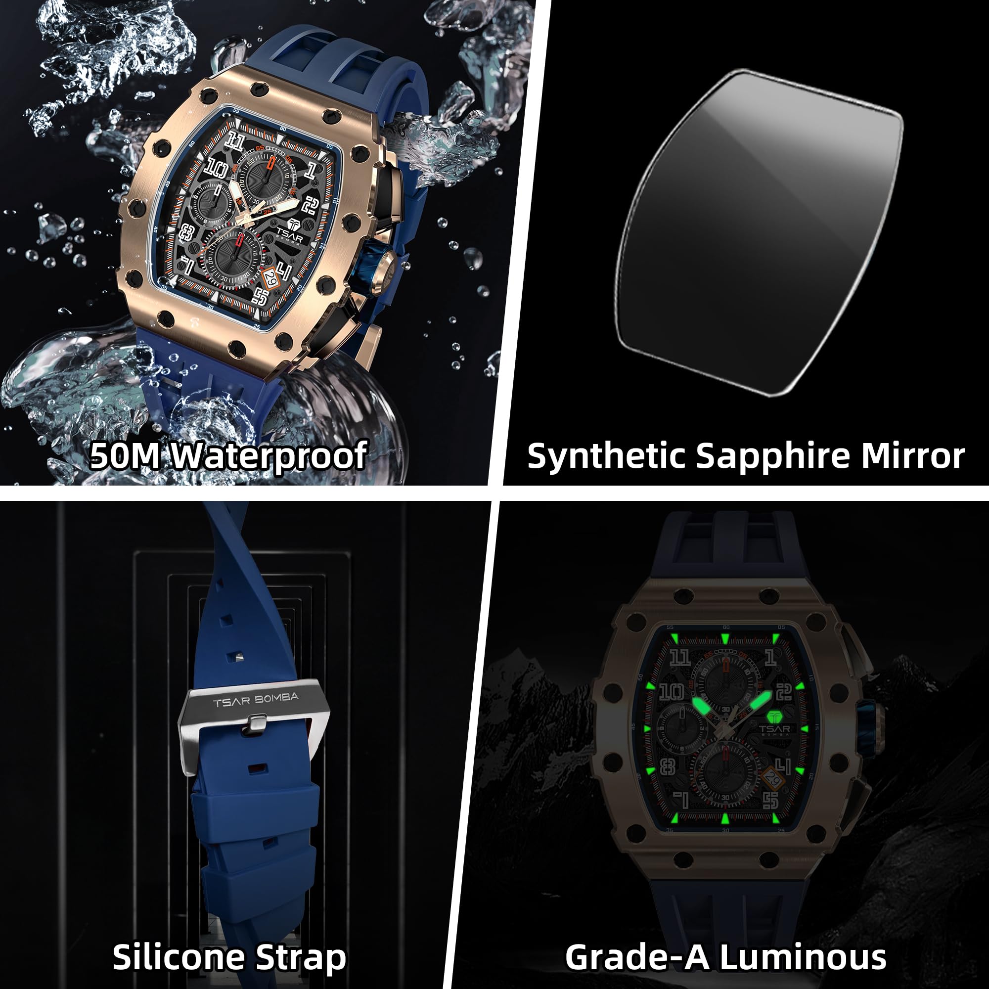 TSAR BOMBA Luxury Men's Watch - 50M Waterproof Tonneau Chronograph with Japanese Quartz Movement & Silicone Band - Perfect for Business, Casual Wear & Gifts for Men