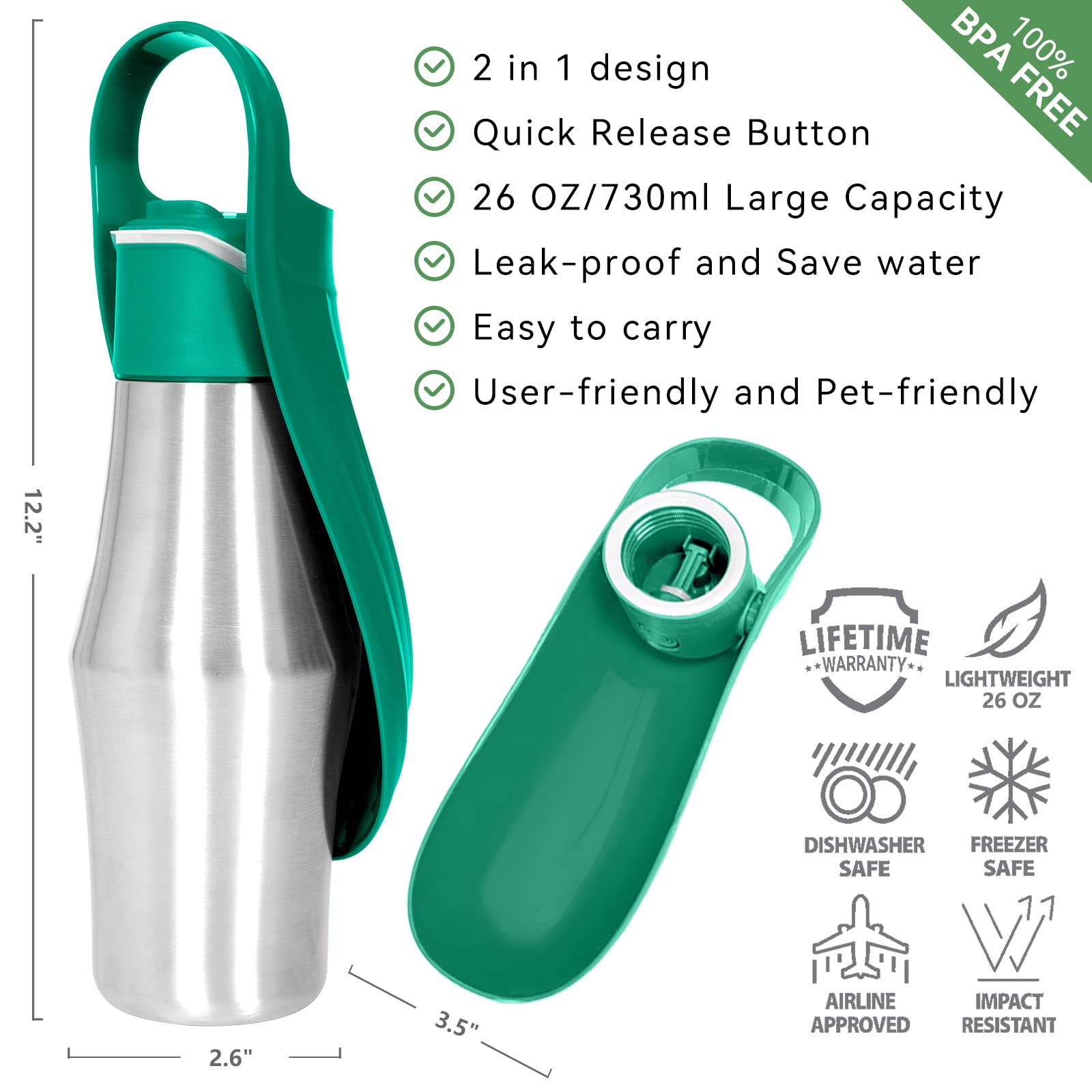 Portable Stainless Steel Dog Water Bottle - 27oz Leak-Proof Pet Water Dispenser for Travel, Walking, Hiking | Outdoor Hydration Solution for Active Dogs (Green) - Perfect for Park Visits, Beach Trips & Camping Adventures