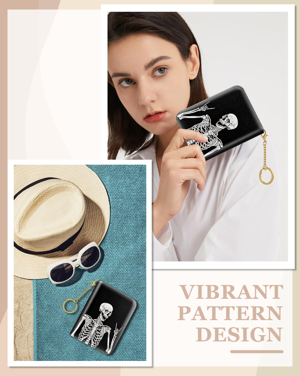 Slim RFID Blocking Credit Card Holder for Women - Small Zipper Wallet with Keychain - Gothic Skeleton Design - Perfect for Travel, Shopping & Everyday Use