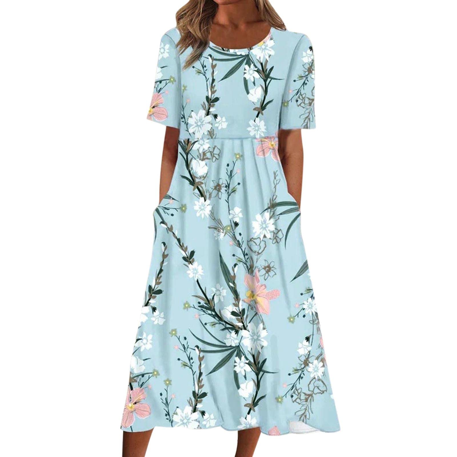 Women's Summer Casual Round Neck Short Sleeve Knee Length Dress - Bohemian Floral Beach Dress with Pockets | Perfect for Vacation, Beach Outings, and Casual Daily Wear