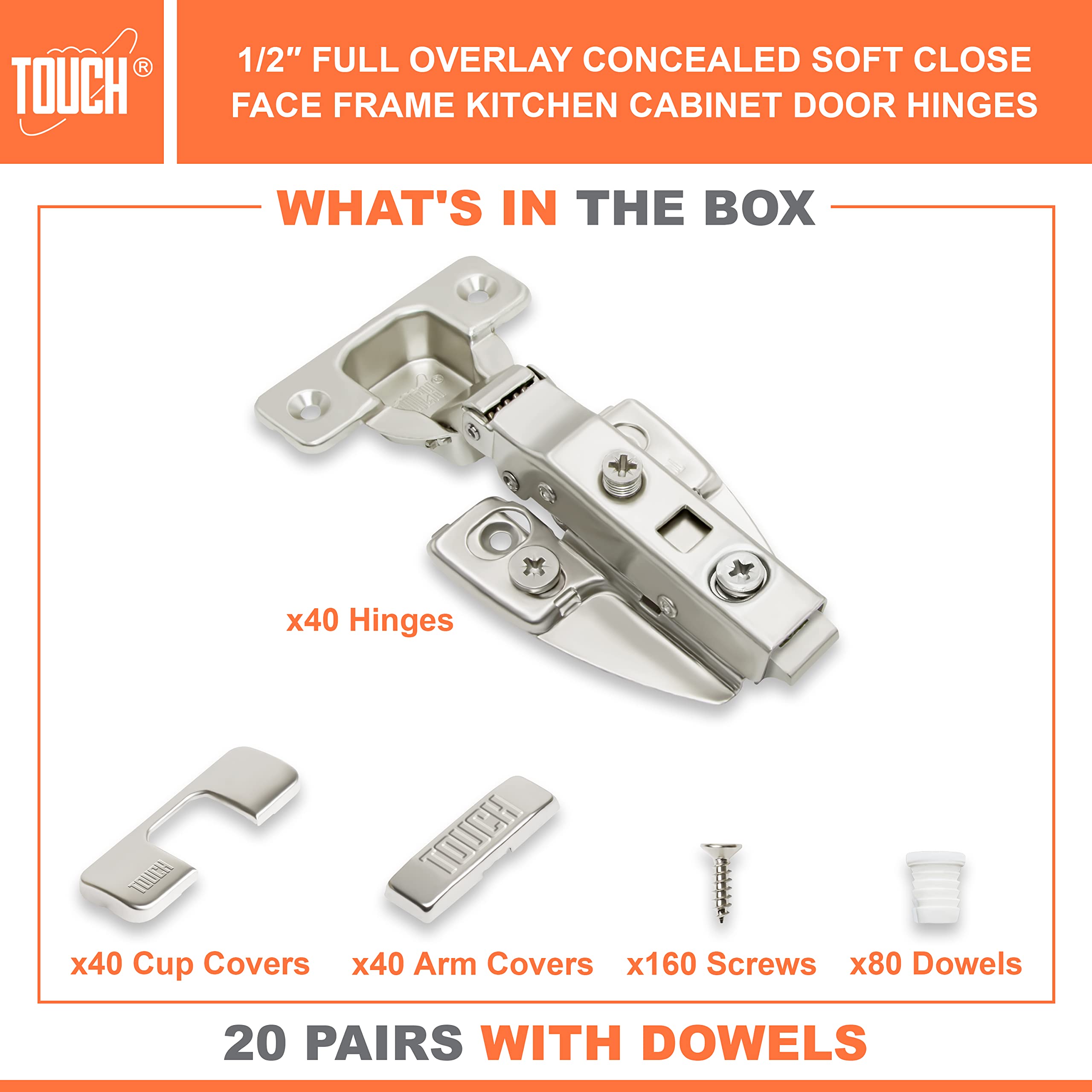 TOUCH Euro Style Cabinet Hinges - 20 Pairs (40 PCS) Soft Close Face Frame Hinges, 1/2