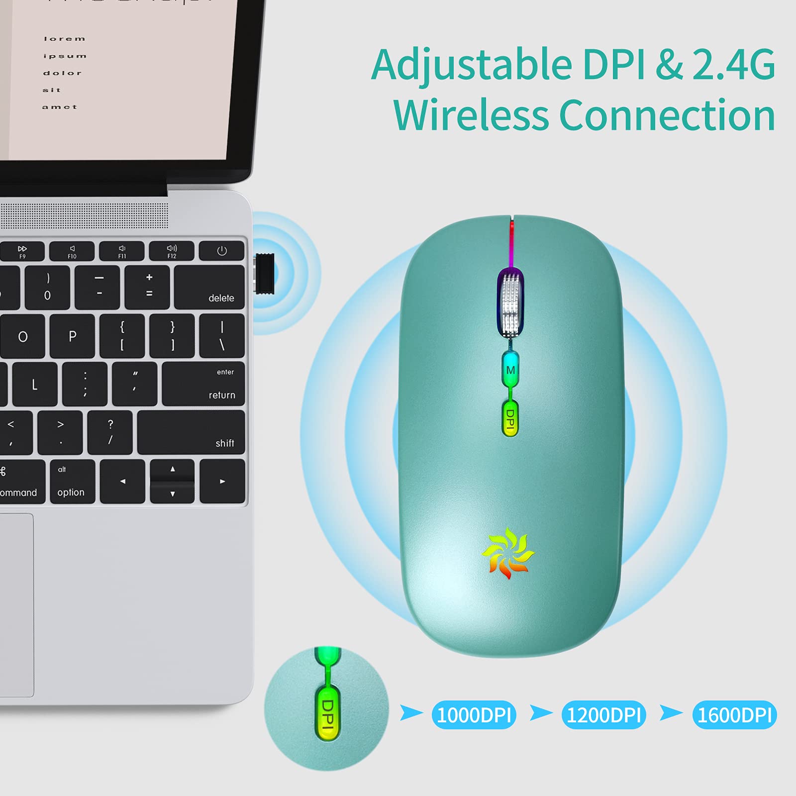 KBCASE Slim Silent Wireless Mouse - 2.4G Rechargeable LED Mouse for Laptop, MacBook, iPad, Chromebook with USB & Type-C Receiver - Perfect for Office, Home, and Travel Use