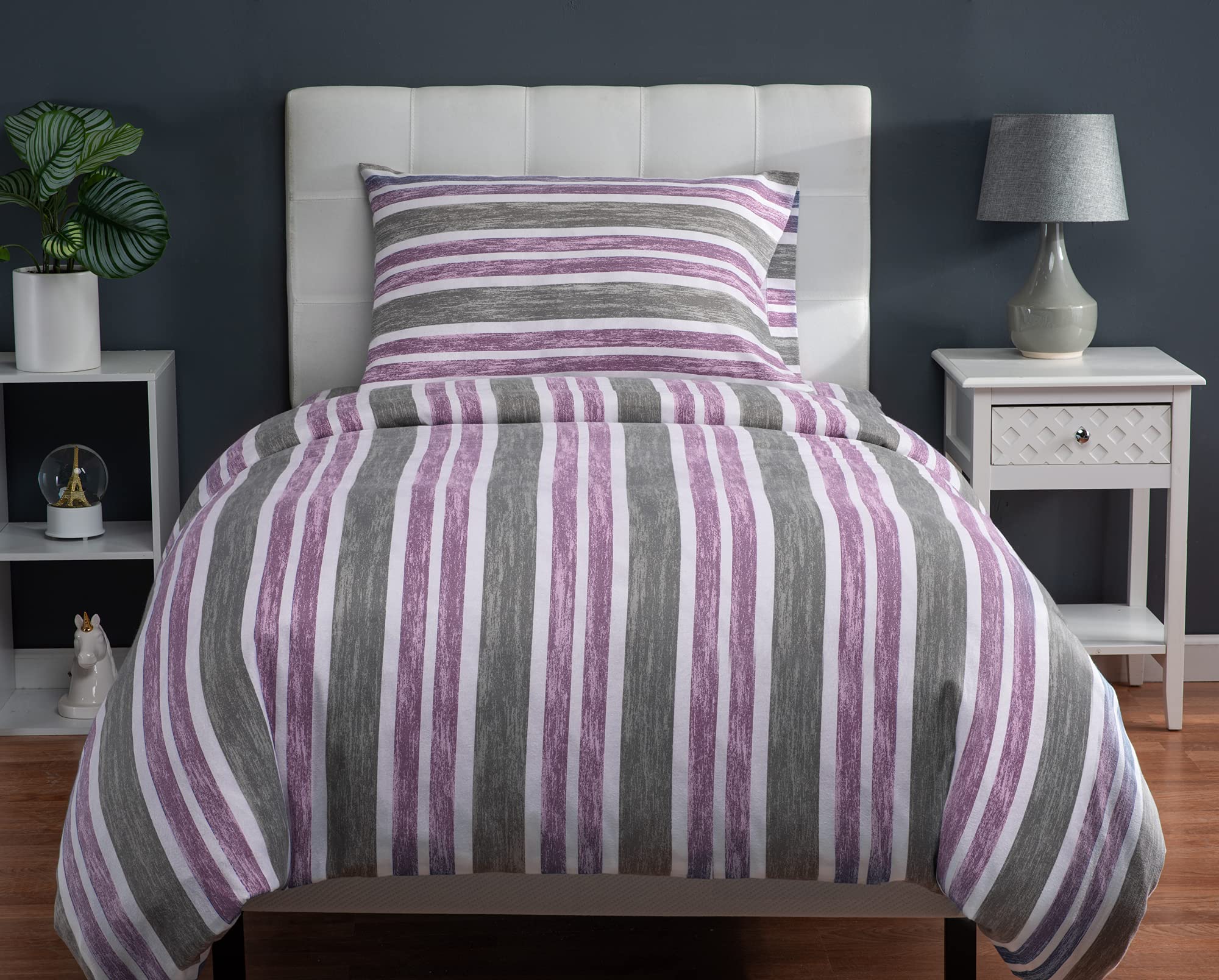 XLNT Twin Size Bedding Set - 3 Piece Duvet Cover, Bed Sheet & Pillowcase - Soft Cotton Blend Cabana Stripe Lilac - Machine Washable - Perfect for Guest Rooms, Dorms & Cozy Bedrooms