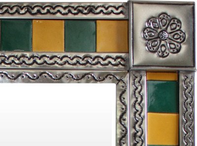 Handmade Talavera Tin Mirror - Green & Yellow Tile Design - Authentic Mexican Wall Decor for Bathroom, Bedroom, or Entryway