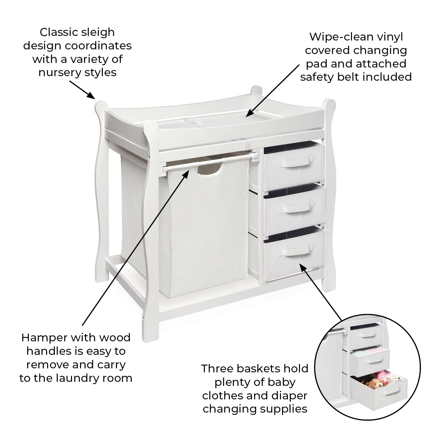 Badger Basket White Baby Changing Table with Storage - Nursery Organizer for Diapers & Baby Essentials | Perfect for Newborns & Toddlers