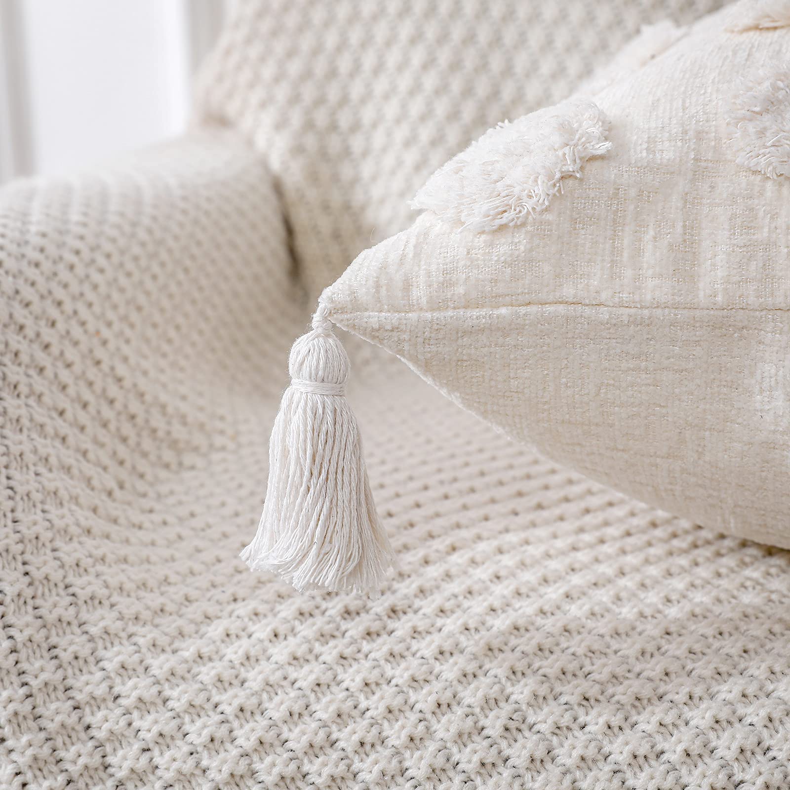 PANOD Super Soft Farmhouse Decorative Plush Throw Pillow Covers 24x24 Inch - White Pom Pom Tufted Boho Square Cushion with Tassels for Sofa, Couch, Bed & Home Decor | Cozy Living Room & Bedroom Accent