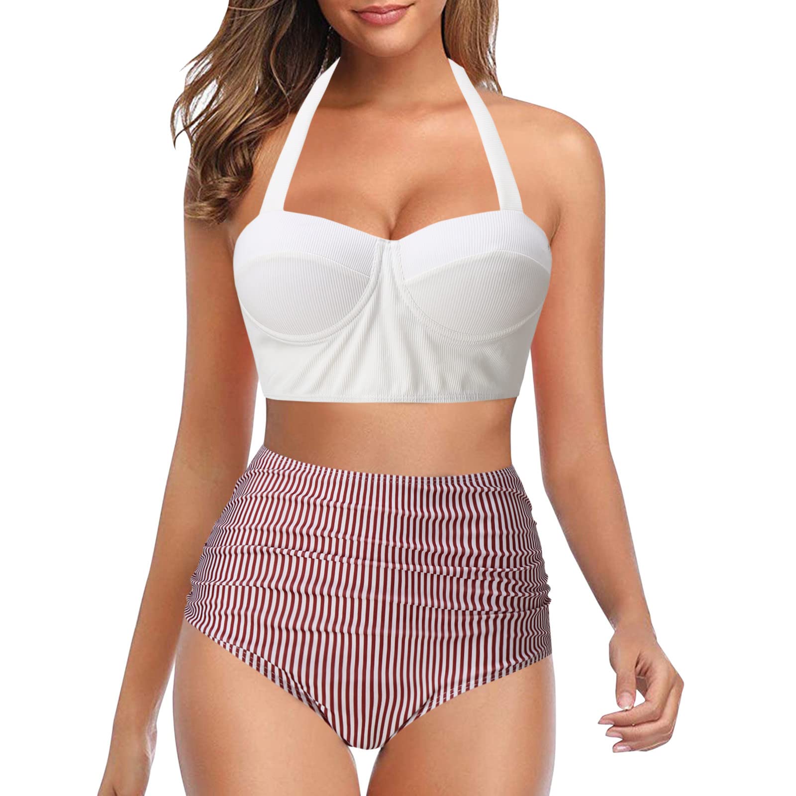 Women's Two Piece Halter Push Up Bikini Set - Ruched High Waisted Bottom Swimwear for Beach & Pool - Sexy Bathing Suits for Summer Vacation, Swim Party & Tropical Getaway