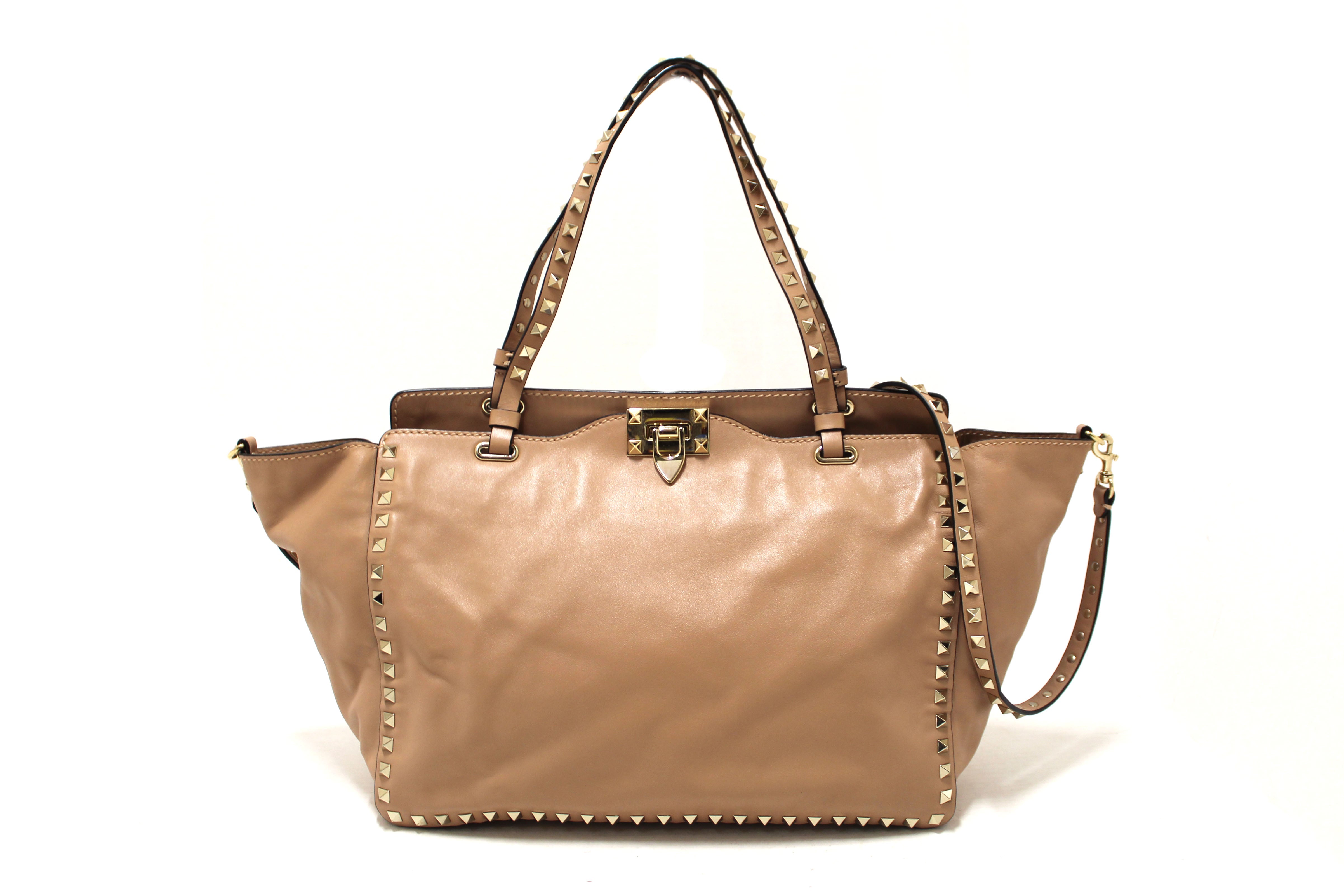 Authentic Valentino Medium Rockstud Beige Nappa Leather Tote Shoulder Bag for Women | Luxury Designer Handbag for Work, Travel & Everyday Use