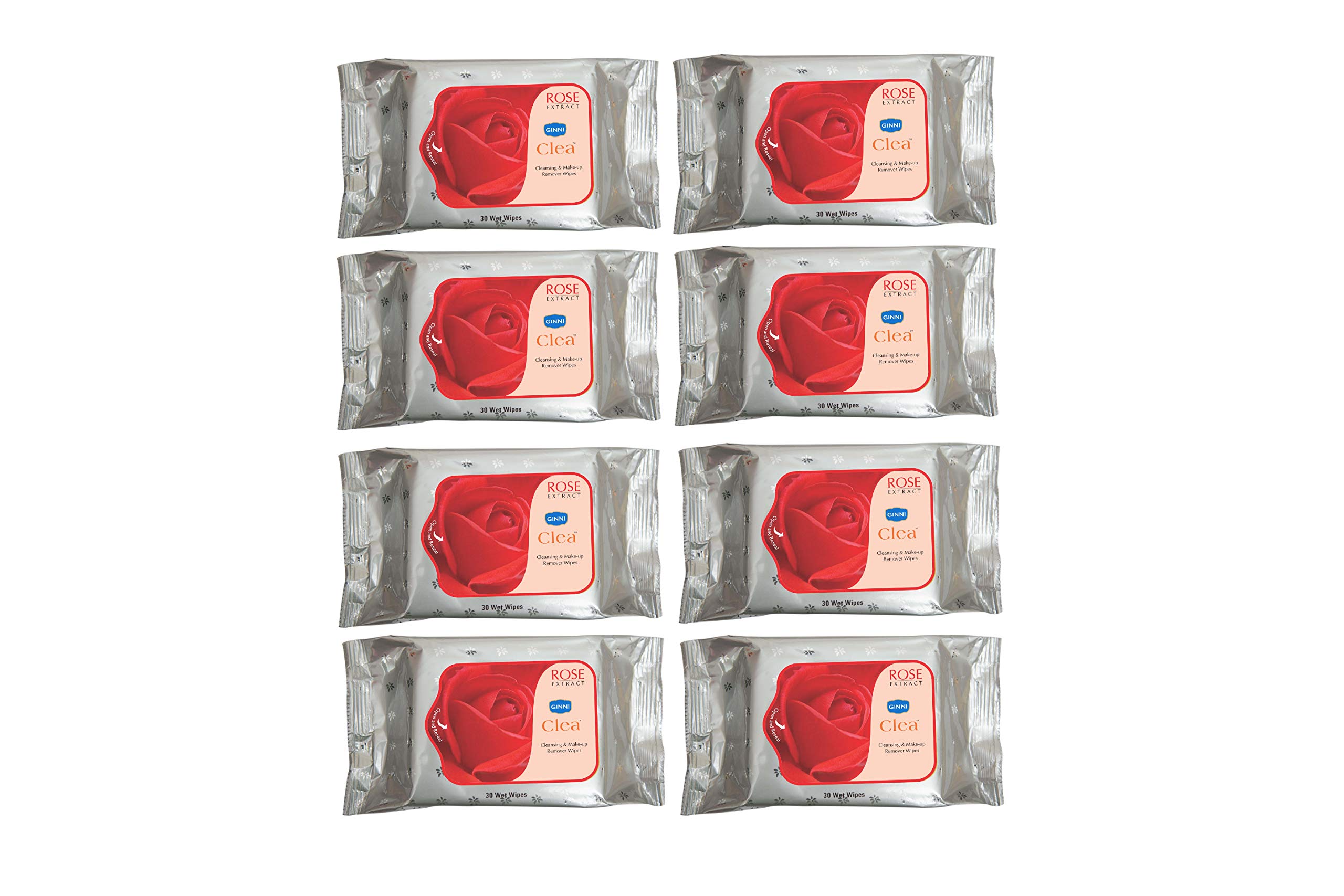 GINNI CLEA Rose Makeup Remover Wipes - 8 Packs (30 Wipes Each) | Gentle Cleansing Facial Wipes for Sensitive Skin | Perfect for Travel, Gym & Daily Makeup Removal