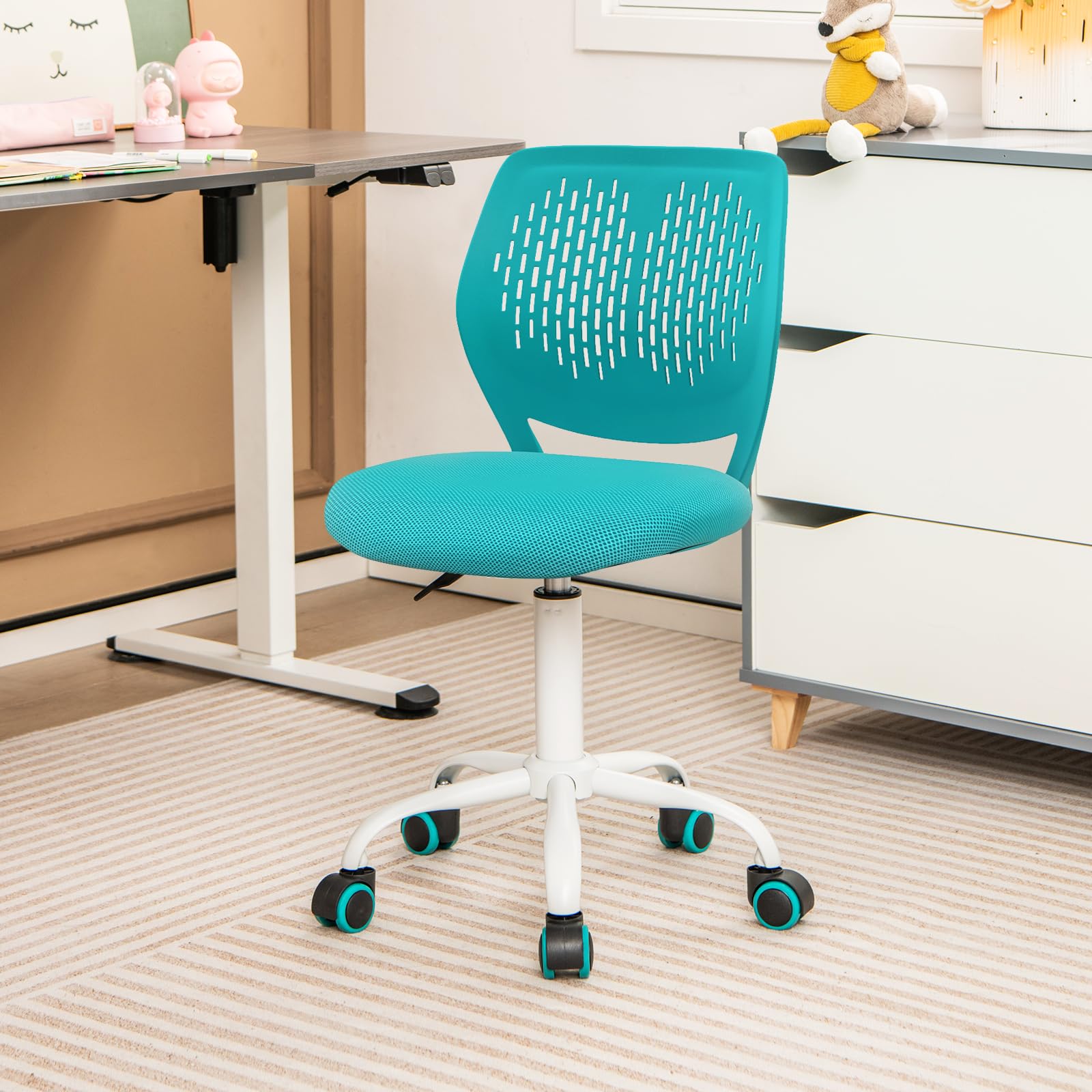 Powerstone Adjustable Swivel Office Chair - Compact Armless Desk Chair for Small Spaces, Home & Workspace - Ergonomic Writing Task Chair in Turquoise - Perfect for Home Office, Study & Workspaces