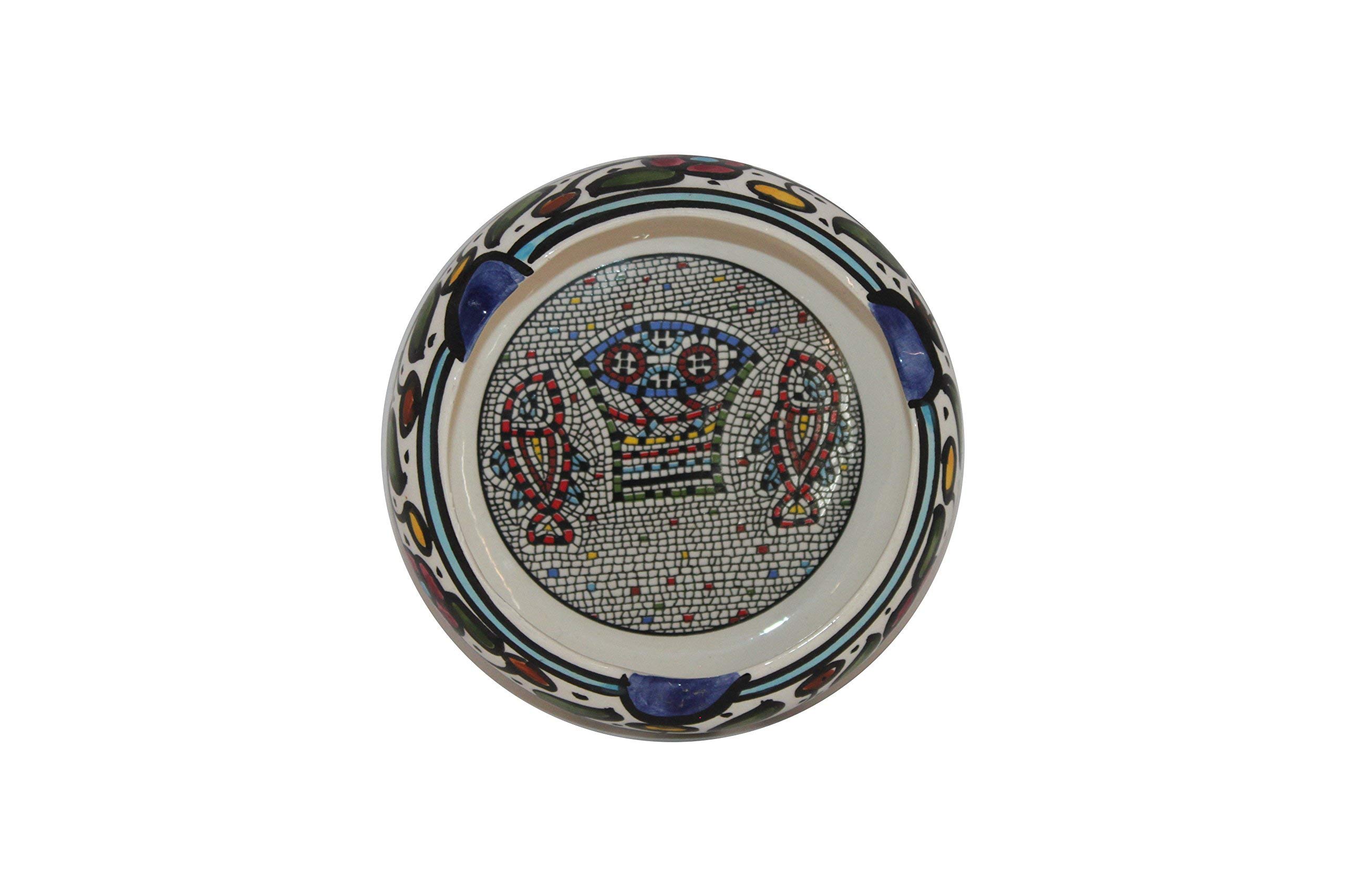 Holy Land Market Ceramic Round Ashtray - 4.5 Inch Fish and Loaves Design, Tabgha Miracle of Multiplication Theme - Small Decorative Ashtray for Home, Office, or Gift - Asfour Outlet Trademark - Perfect for Christian Decor, Bible Study, and Religious Collectors