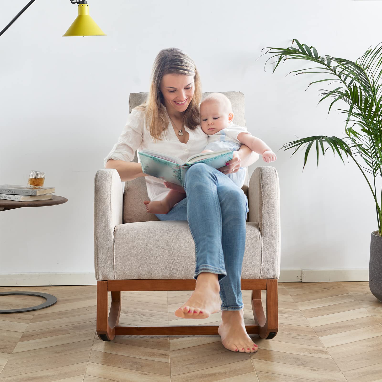 Mid Century Modern Velvet Rocking Chair Nursery Glider - Wooden Accent Armchair with High Back & Side Pocket for Nursing, Living Room, Bedroom, Office & Baby Nursery (Beige) | Perfect for Breastfeeding, Relaxing & Nursery Decor