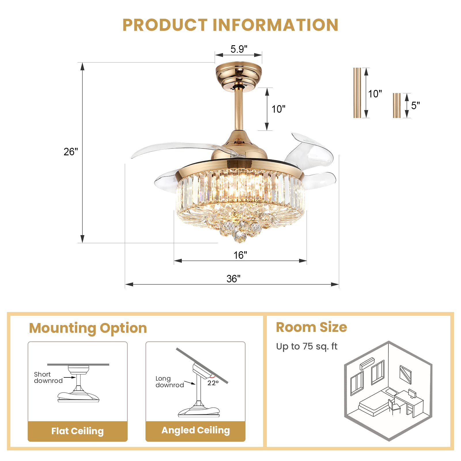 Modern Crystal Ceiling Fan with LED Light - 36