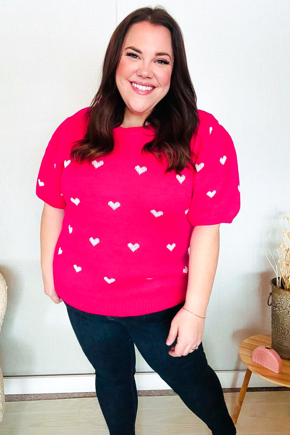 Be Mine Pink & White Heart Oversized Jacquard Sweater | Women's Valentine's Day Knit Pullover | Cozy Winter Fashion for Date Night & Casual Outings