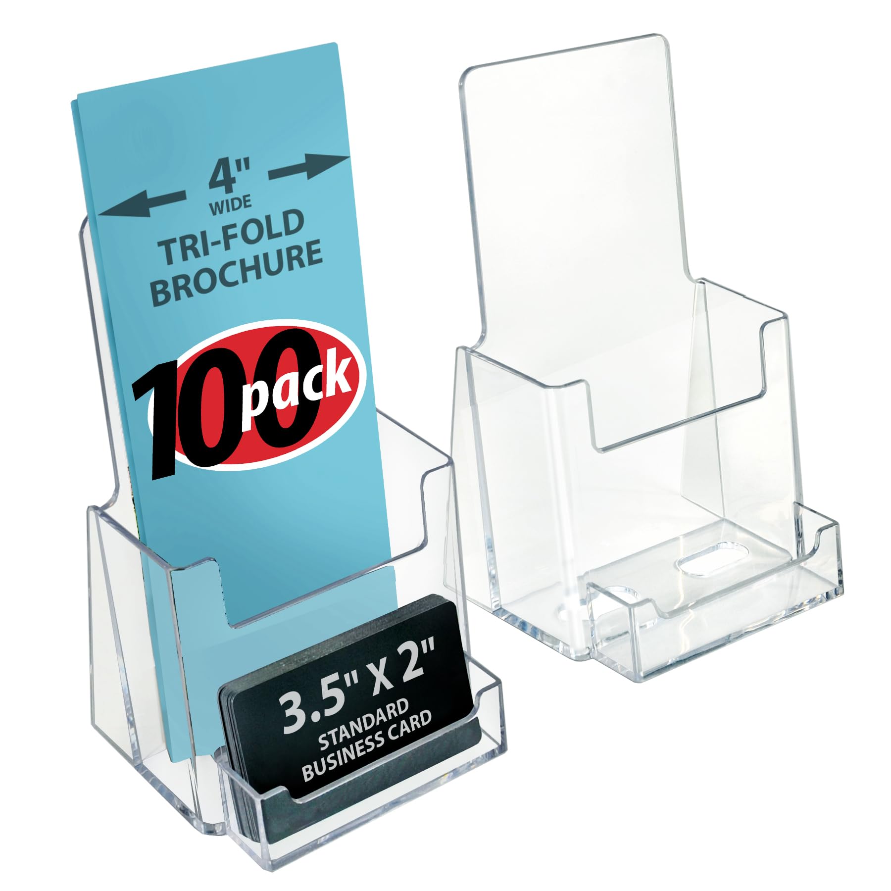 Azar Displays 252922-100PK Clear Counter Trifold Brochure Holder with Horizontal Business Card Slot & Gift Card Pocket - 100 Pack | Perfect for Retail Stores, Hotels, Restaurants & Trade Show Displays