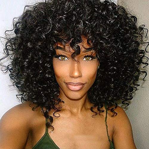 200 Density Scalp Top Curly Full Machine Made Human Hair Wigs with Bangs - Remy Brazilian Short Curly Wig for Women - Natural Color 14 Inch - Perfect for Daily Wear, Cosplay & Special Occasions