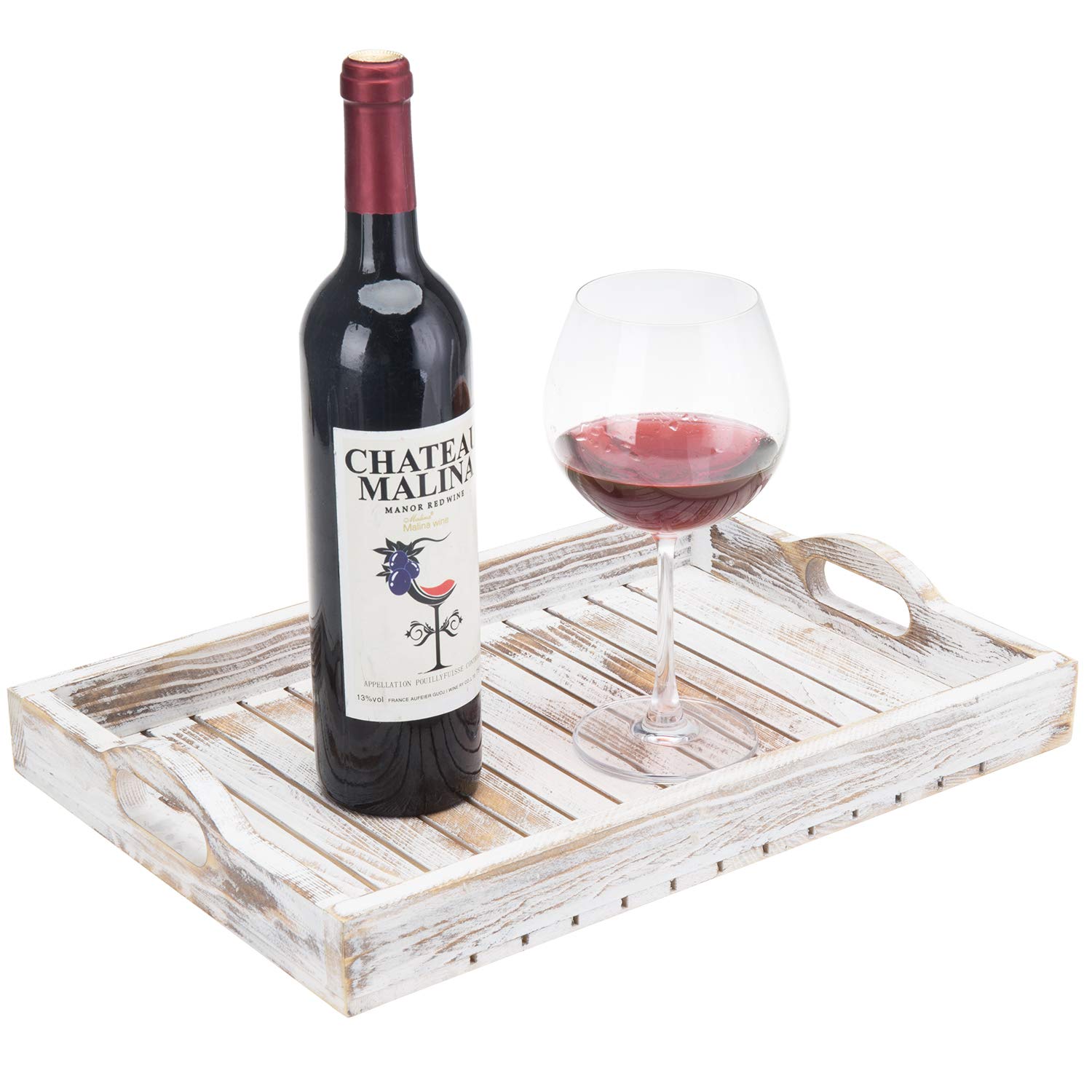 MyGift Shabby Chic Whitewashed Wood Breakfast Serving Tray with Cutout Handles - Rustic Slatted Design Coffee Table Tray, 16 x 11 Inches - Perfect for Breakfast in Bed, Living Room Decor & Ottoman Serving