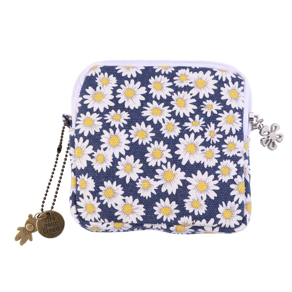 Organic Cotton Sanitary Napkin Storage Bag - Reusable Tampon Pouch & Menstrual Pad Organizer (Navy Daisy Floral) | Perfect for Travel, Gym & On-the-Go Women's Hygiene Essentials
