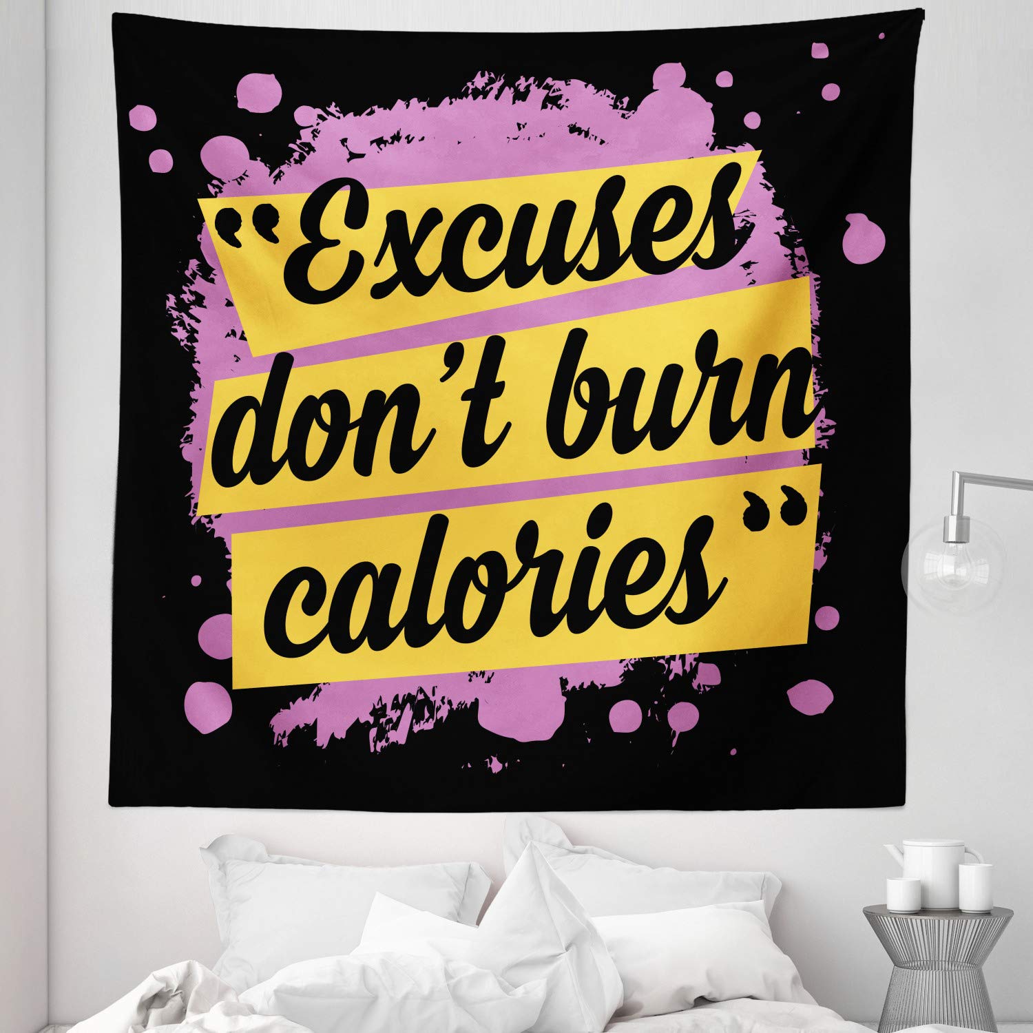 Ambesonne Queen Size Fitness Tapestry - Motivational Workout Wall Art with 'Excuses Don't Burn Calories' Quote - Modern Lilac Yellow Black Design - 88x88 Inch Wall Hanging for Bedroom Decor, Gym Inspiration & Yoga Studio Aesthetics
