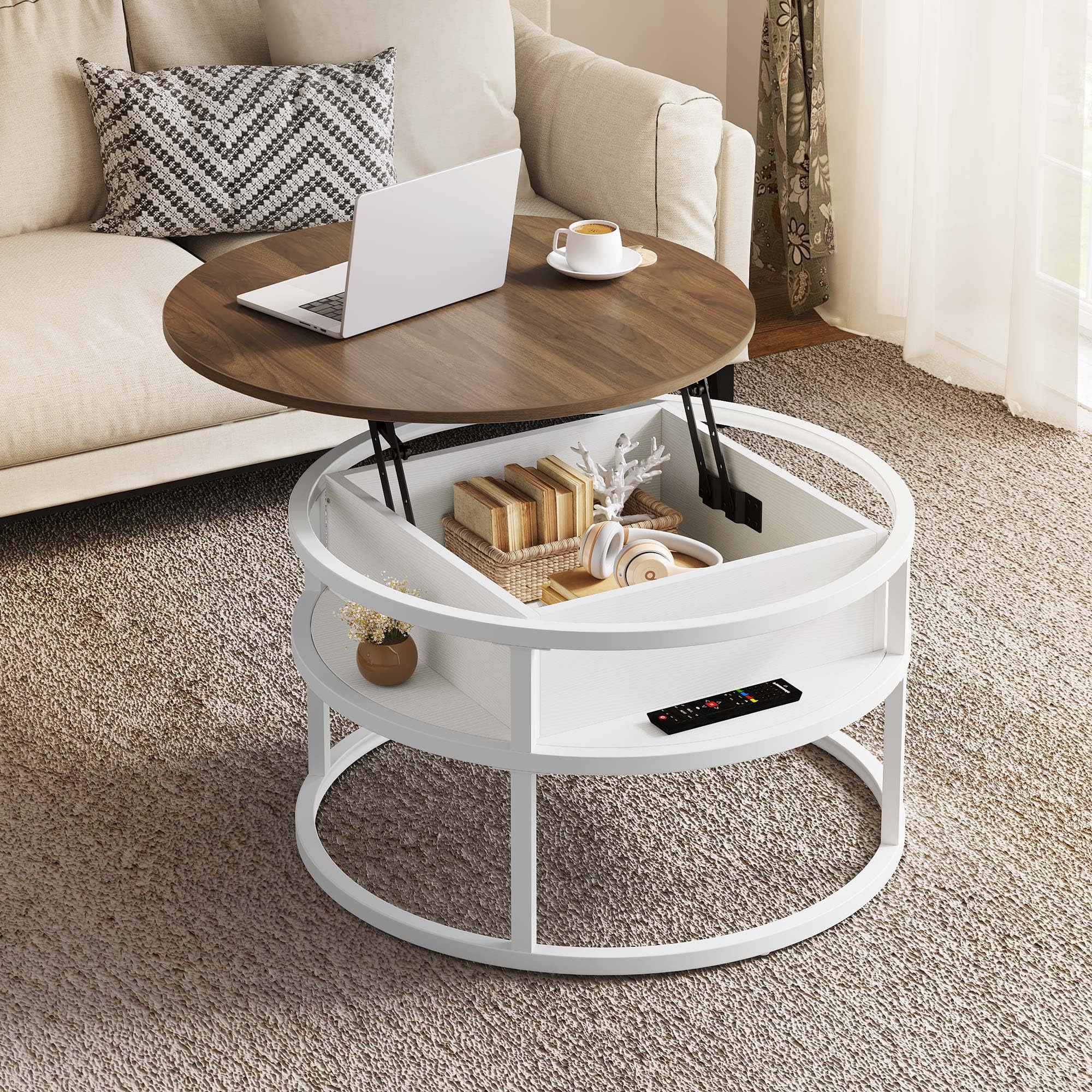 YITAHOME Round Lift Top Coffee Table with Hidden Storage - Modern Living Room & Home Office Center Table in Brown & White - Perfect for Small Spaces, Entertaining, and Stylish Storage Solutions