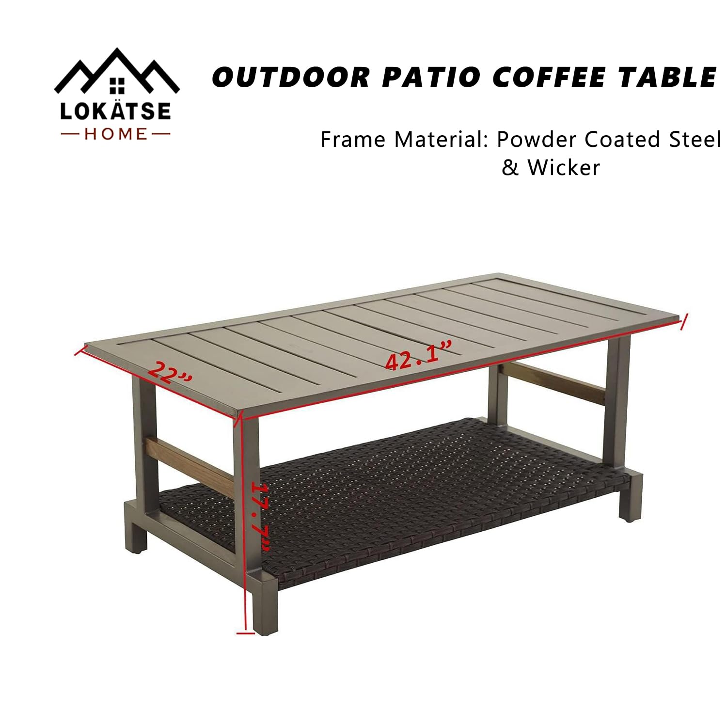 LOKATSE HOME Outdoor Coffee Table - Rectangle Patio Bistro Dining Furniture with Wicker Rattan & 2-Shelf Storage - Grey - Perfect for Backyard, Garden, Poolside, and Balcony Relaxation