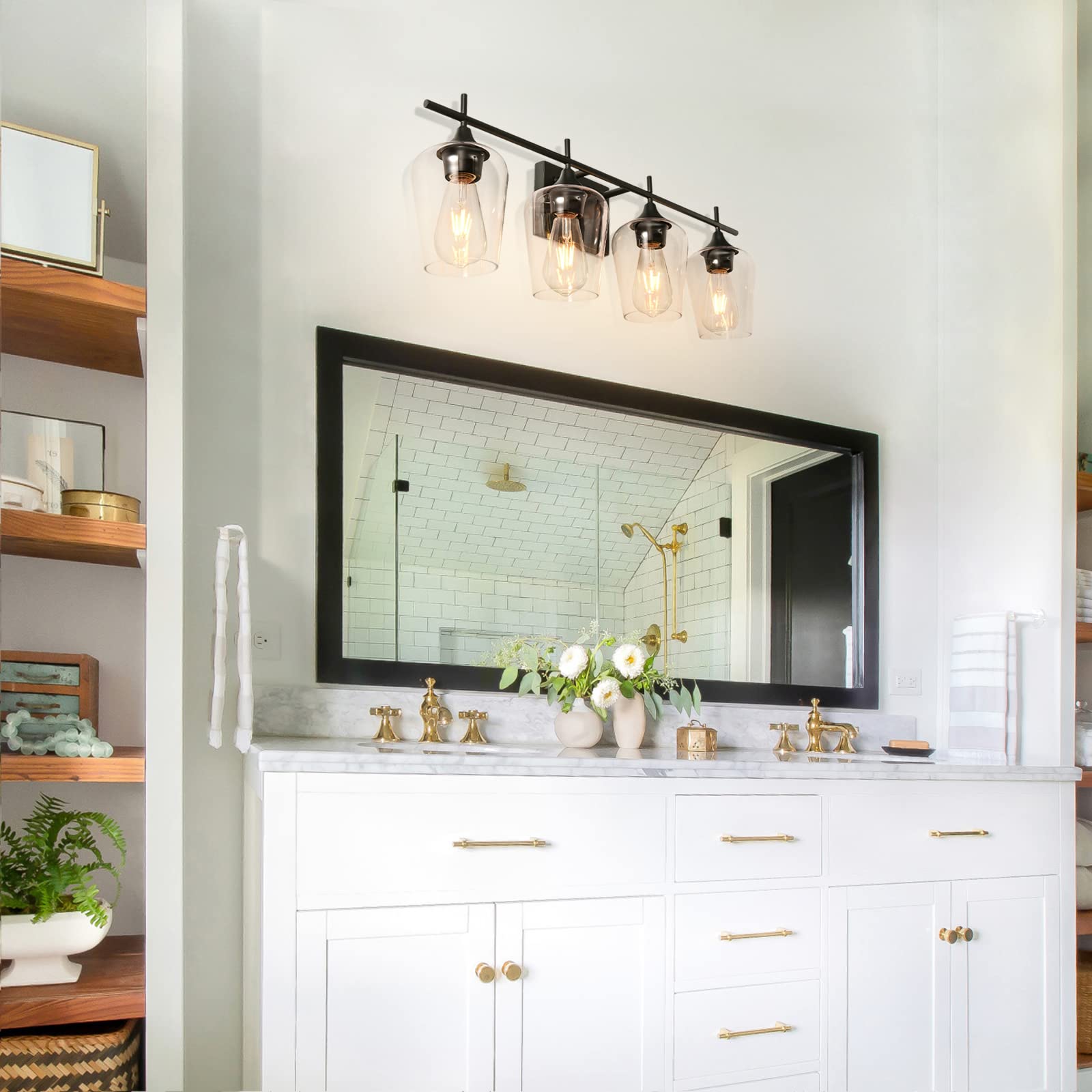 Modern Black Bathroom Vanity Light Fixture - 4-Light Wall Sconce with Clear Glass Shade for Bathroom, Living Room, Bedroom, Stairs, Gallery & Restaurant | Perfect for Home Decor, Hotel Lighting and Commercial Spaces