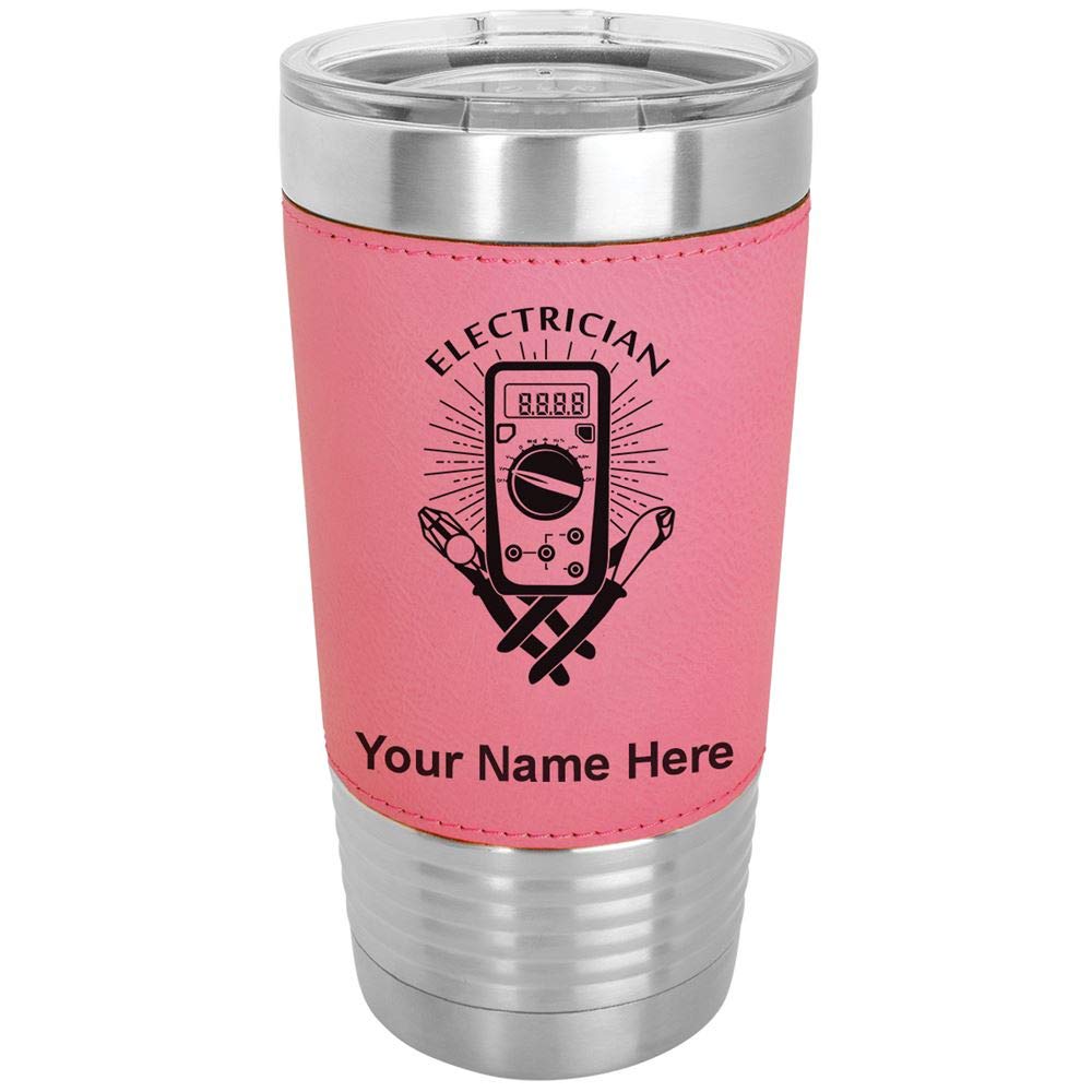 LaserGram 20oz Vacuum Insulated Stainless Steel Tumbler Mug with Personalized Engraving - Faux Leather Wrap & Lid - Pink - Perfect for Electricians, Office Workers & Outdoor Enthusiasts - Keeps Drinks Hot/Cold for Hours - Ideal for Coffee, Tea, Water & Smoothies