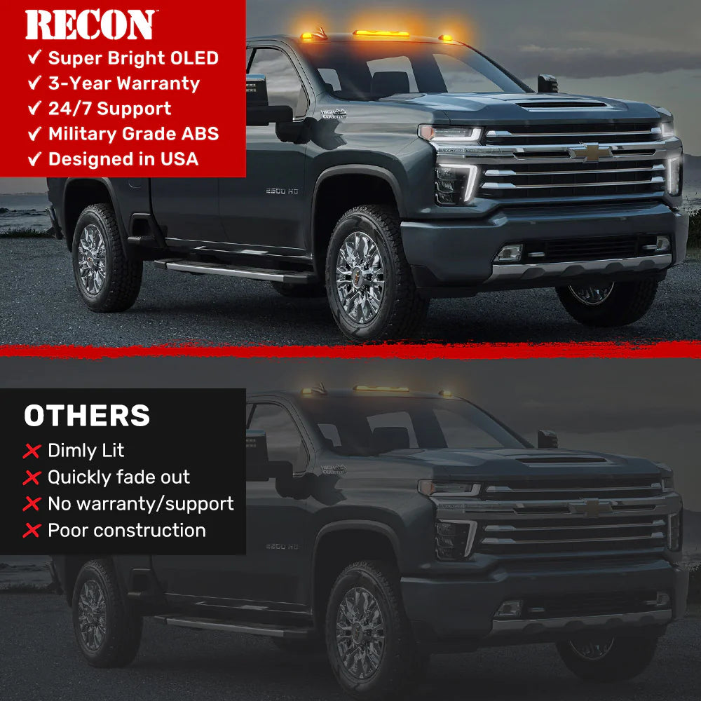GMC & Chevy 20-25 (4th GEN) Heavy Duty 3-Piece Amber Cab Roof Light Lens with LED - For Trucks Without Factory Roof Lights - Off-Road & Emergency Vehicle Lighting Upgrade