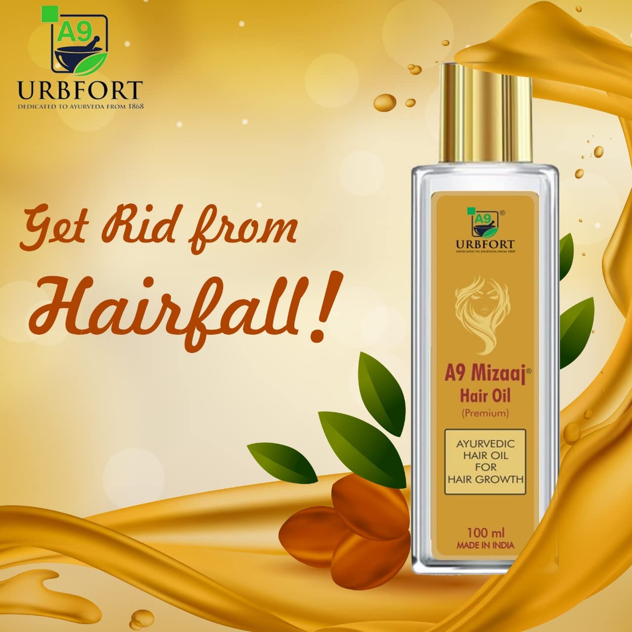 URBFORT Mizaaj Ayurvedic Hair Oil for Hair Growth & Hair Fall Control - Natural Ayurvedic Treatment for Lice & Dandruff - Contains Jata Masi Oil Extract - Promotes Healthy Scalp & Stronger Hair (100ml) - Perfect for Daily Hair Care & Scalp Massage