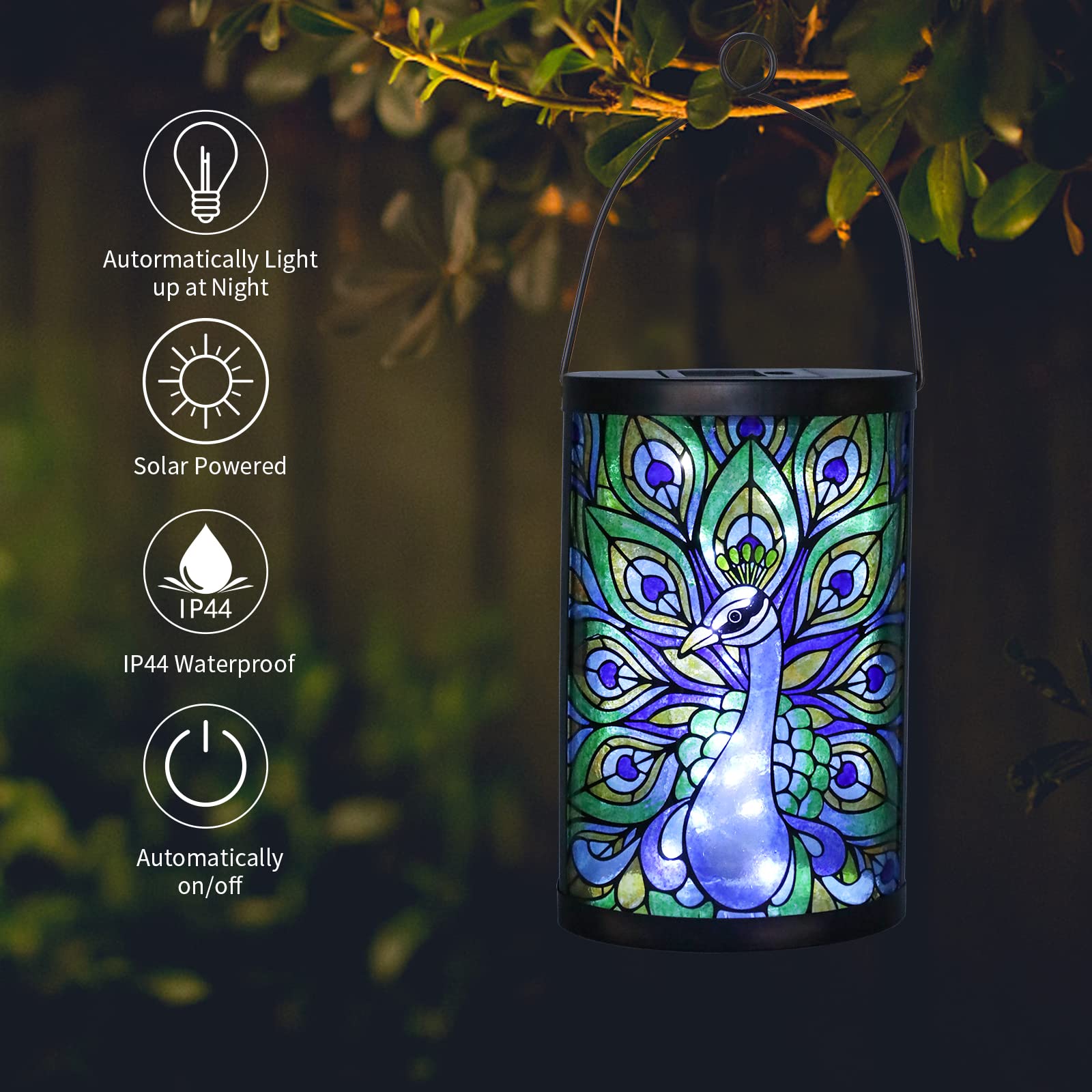 Solar Peacock Lights Outdoor Hanging - Waterproof Glass LED Solar Lantern for Garden, Yard, Tree & Desk Decor - Perfect for Patio, Pathway & Wedding Decoration
