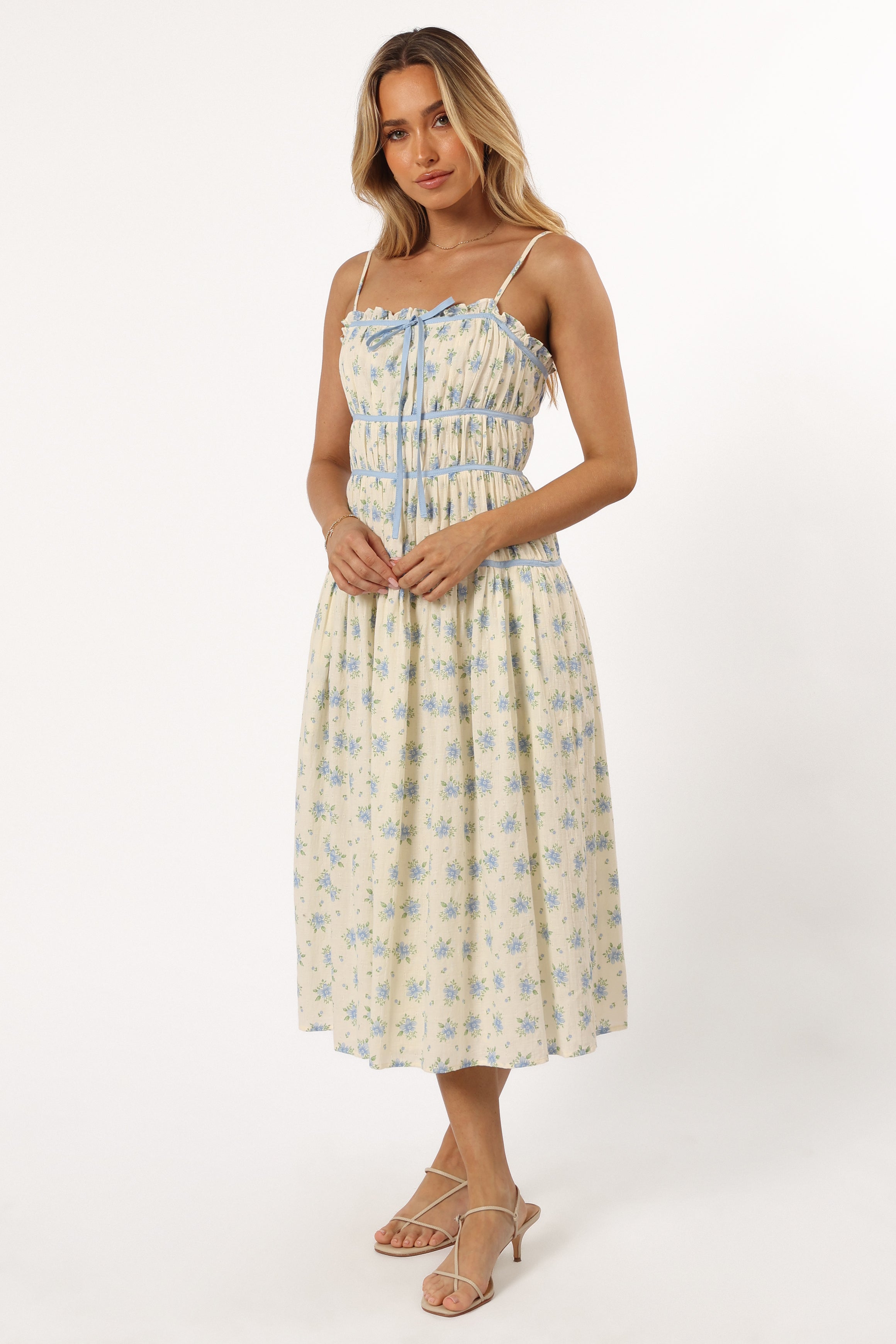 Felicity Midi Dress - Elegant Ivory & Blue Floral Print Summer Dress for Women | Perfect for Weddings, Parties & Casual Outings