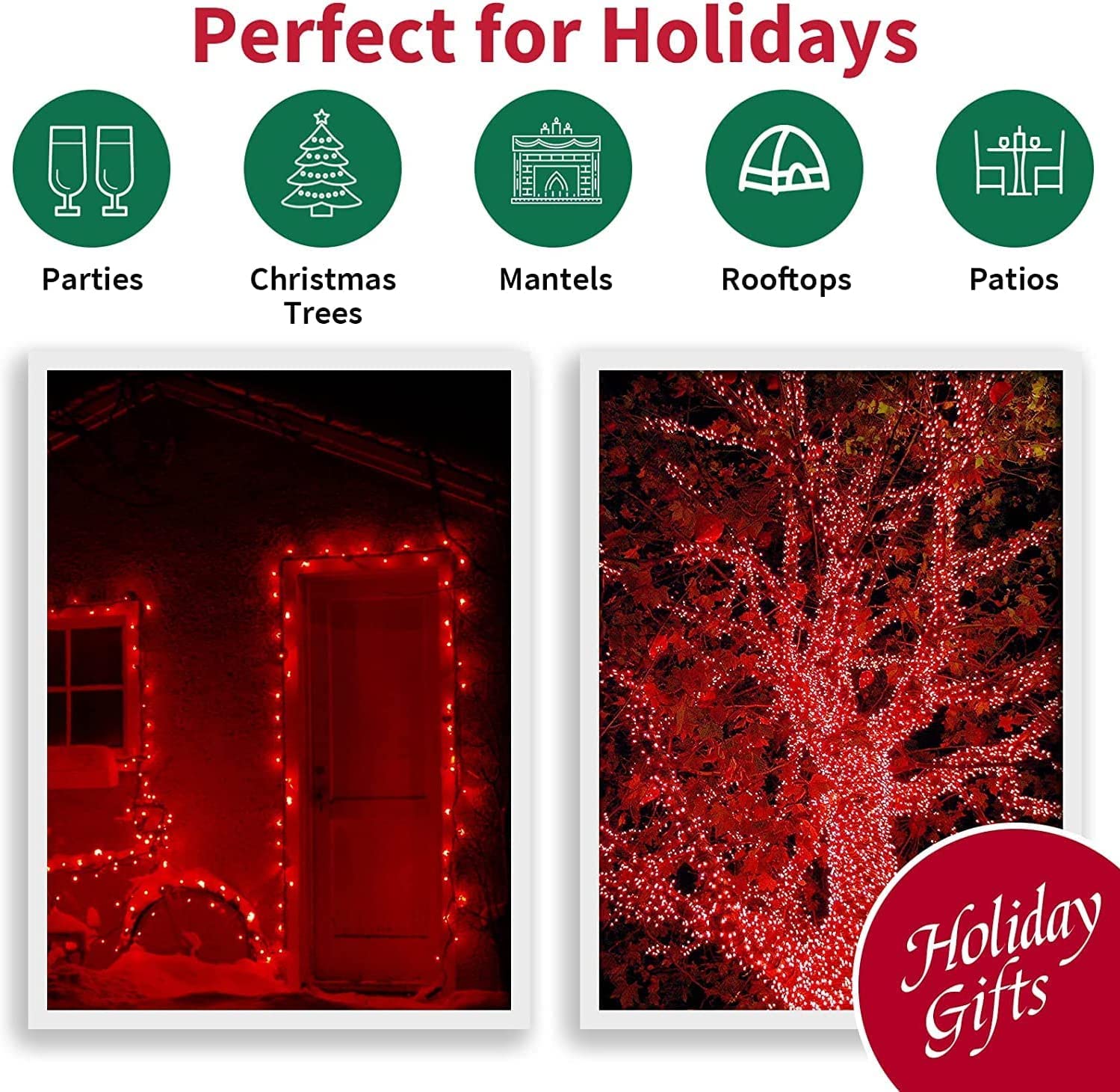500 LED String Lights Outdoor Waterproof - 46ft Plug-in Christmas Fairy Lights with 11 Modes (Green & Red) for Bedroom, Garden, Party & Holiday Decorations