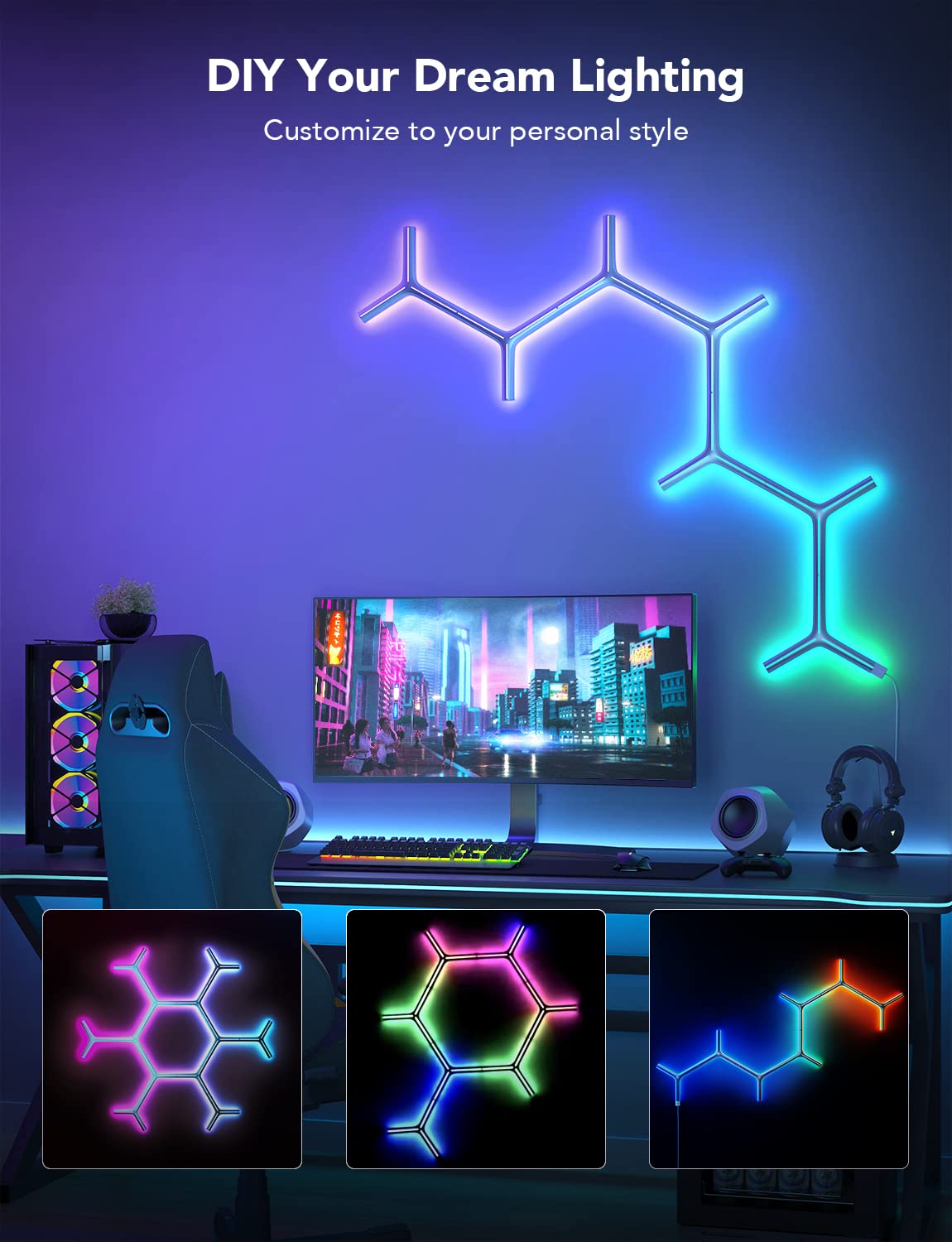 Govee Glide RGBIC LED Wall Lights - Smart Wi-Fi Gaming Lights with Music Sync for Gaming Room Setup