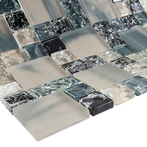 Black and Blue Crackle Square & Brick Glass Mosaic Tiles for Bathroom Shower Walls, Kitchen Backsplashes - Waterproof Peel-and-Stick DIY Home Decor for Bath, Pool, Spa & Fireplace Accents