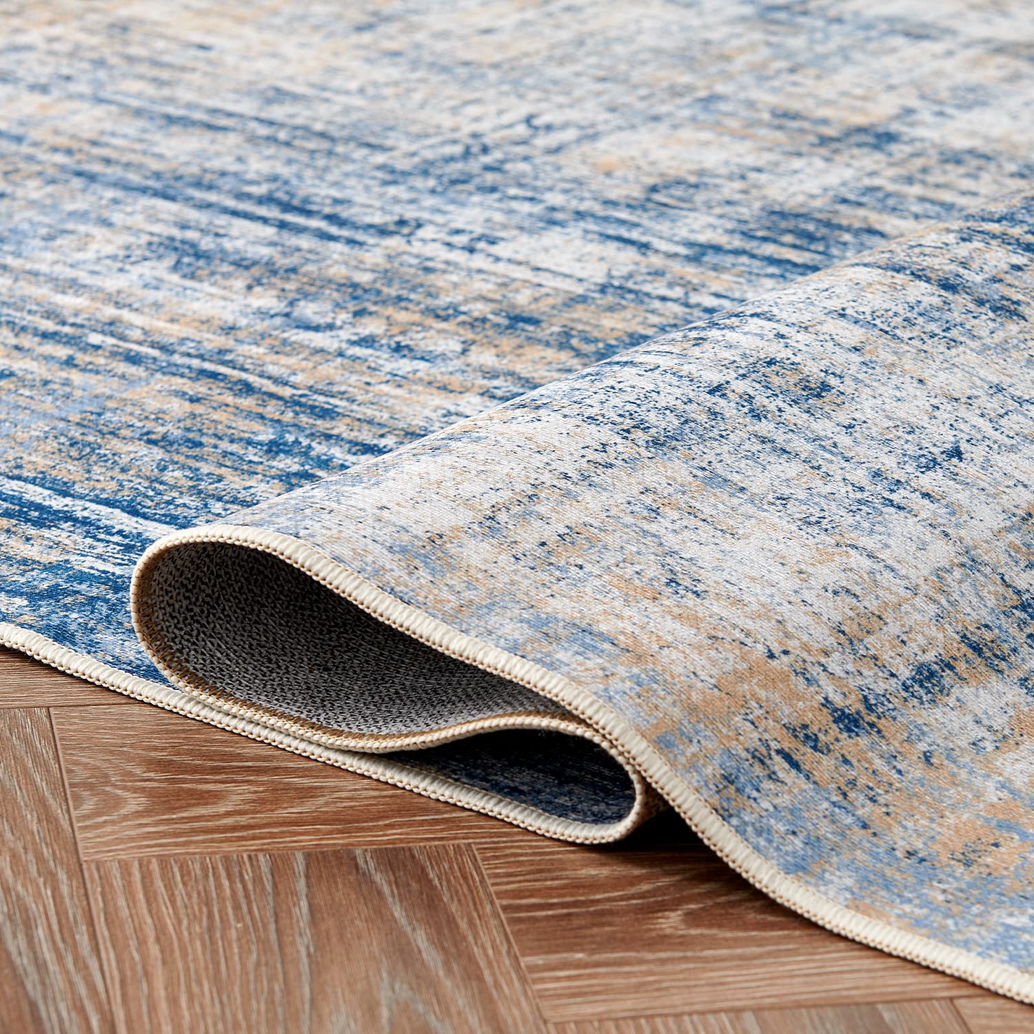 Jinchan Runner Rug 2x7 Feet - Abstract Sketch Distressed Washable Hallway Rug in Navy Blue Multi Print - Overdyed Chenille Thin Contemporary Carpet for Bathroom, Laundry Room, Bedroom & Kitchen - Perfect for High-Traffic Areas, Entryways and Modern Home Decor