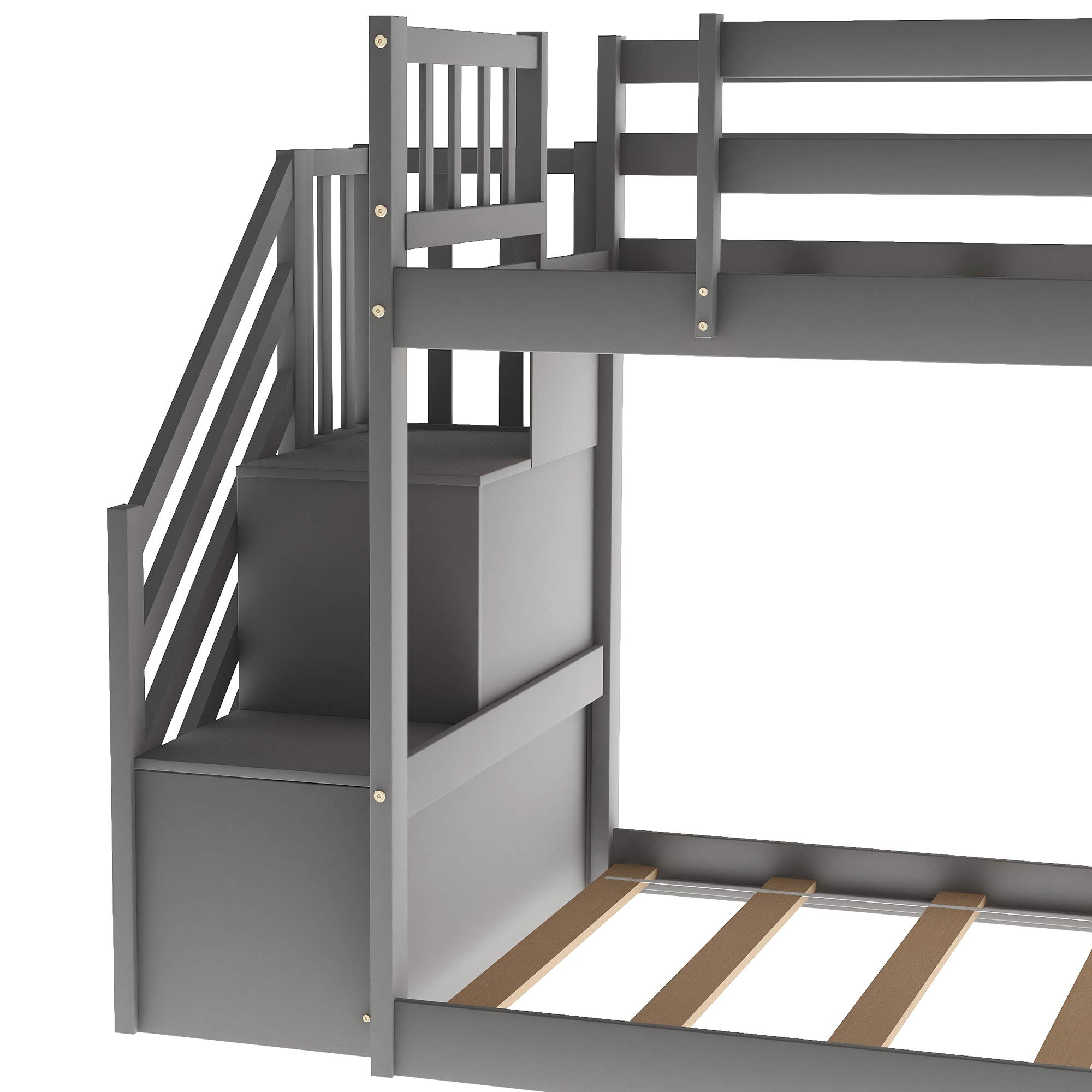 **Convertible Twin Over Twin Wood Bunk Bed with Slide & Stairway - Low Bunk Bed for Kids, No Spring Box Needed (Gray) - Perfect for Small Bedrooms & Shared Kids' Rooms**
