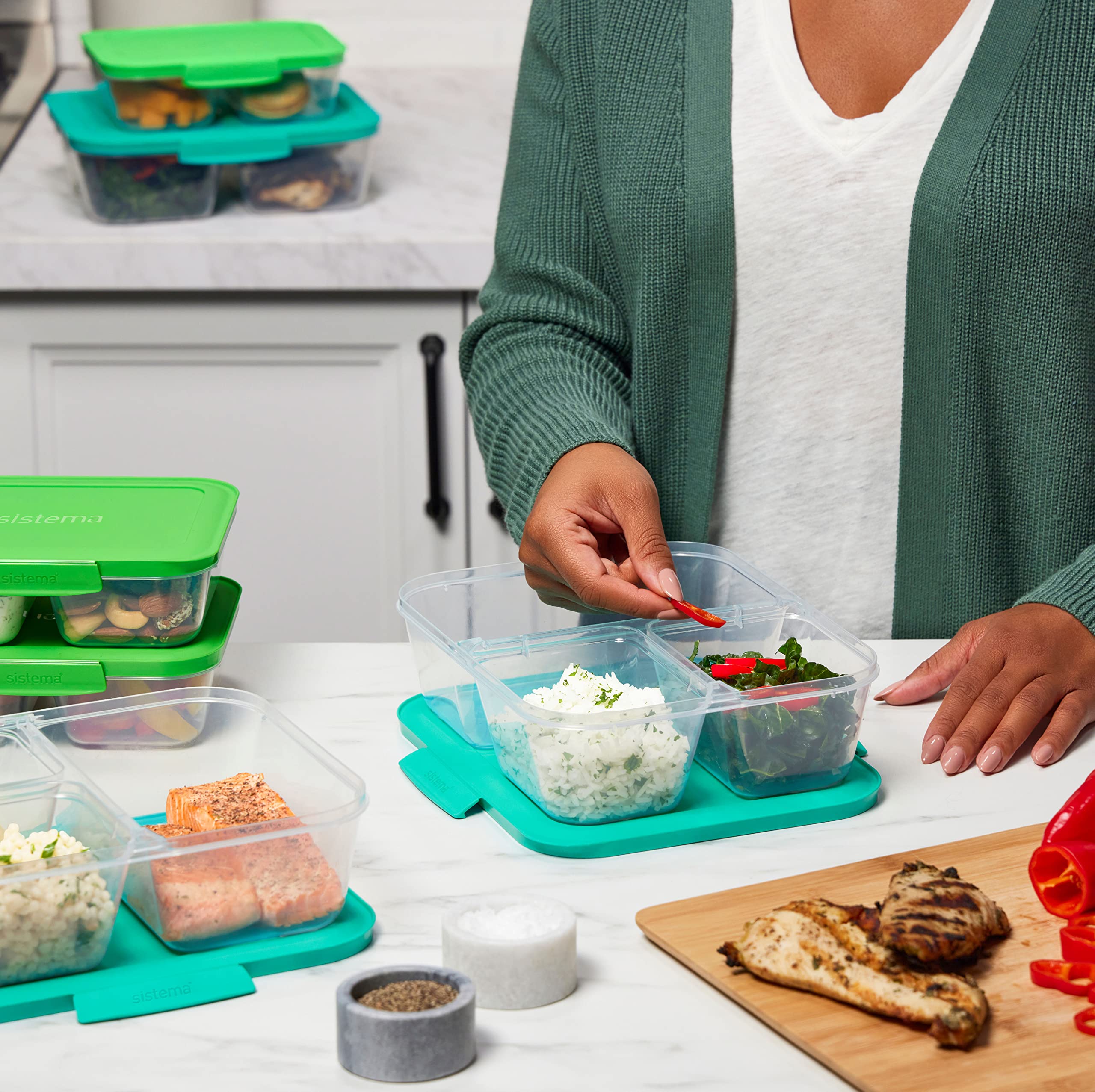 Sistema Nest It Meal Prep Food Storage Containers with Lids - 3 Compartment Bento Box Style - 5-Pack Airtight Containers for Lunch, Office & Meal Prepping - BPA-Free Plastic - Teal Color