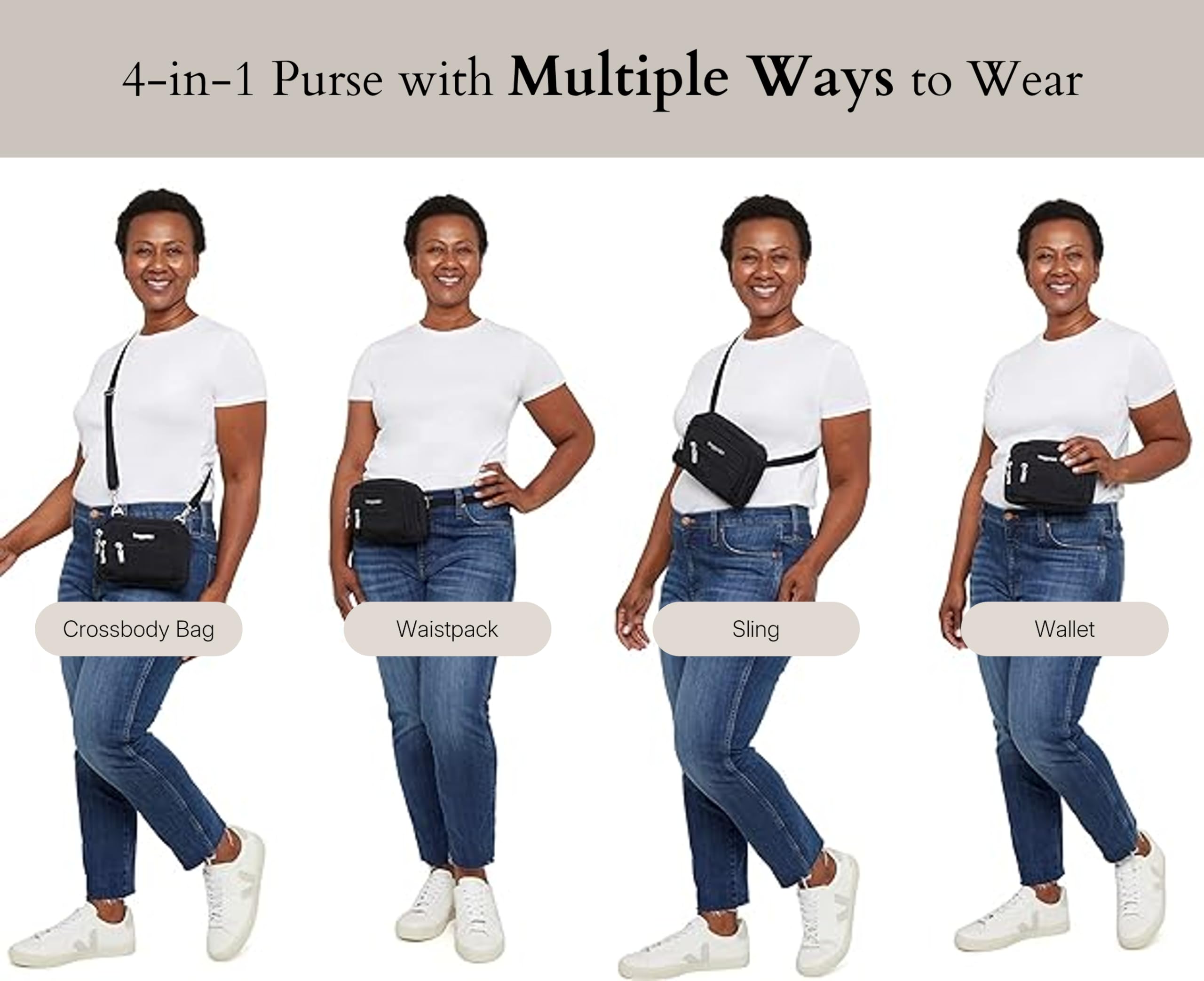 Baggallini Triple Zip Small Crossbody Bag for Women - 8x6 Inch Lightweight Water-Resistant Convertible Fanny Pack Belt Bag - Perfect for Travel, Gym & Everyday Use