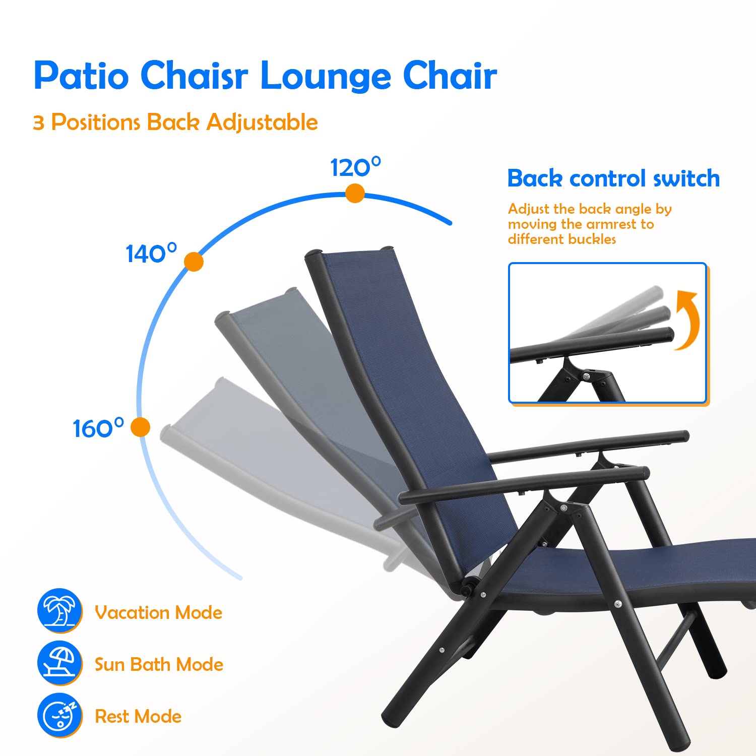 Devoko 2-Pack Adjustable Folding Outdoor Lounge Chairs - Waterproof Patio Chaise Lounge for Poolside, Beach, Backyard & Garden Relaxation (Blue)
