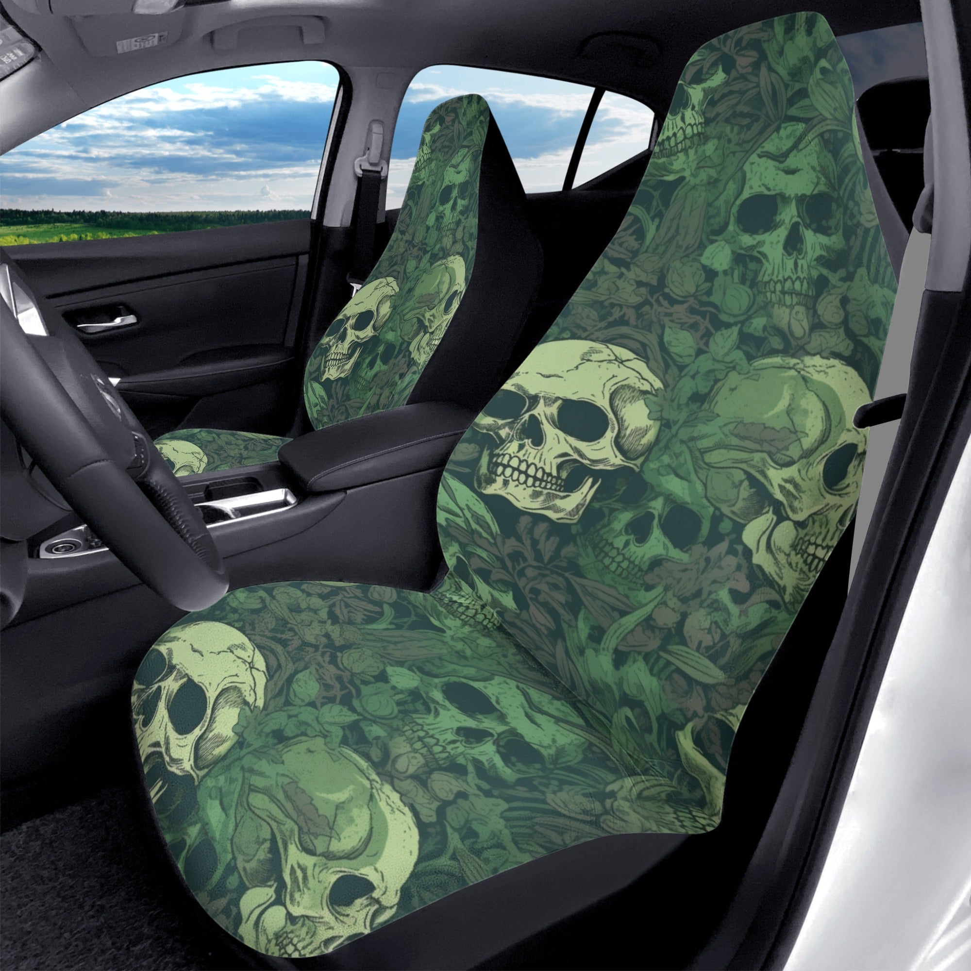 Premium Green Skull Design Car Seat Covers - Universal Fit for Most Vehicles - Durable & Stylish Front Seat Protection for Cars, Trucks & SUVs - Perfect for Halloween, Car Enthusiasts & Unique Interior Decor