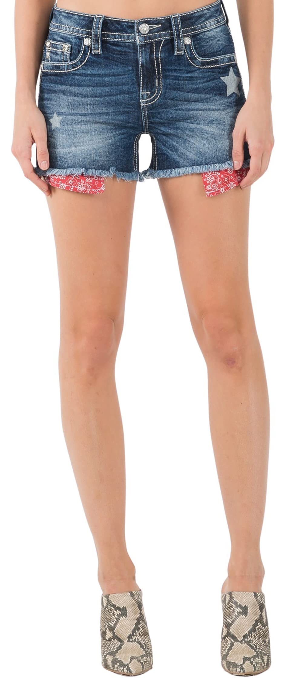 Miss Me Women's Mid Rise Bandana & Star Print Denim Shorts - Casual Summer Outfit, Music Festivals, Beach Wear