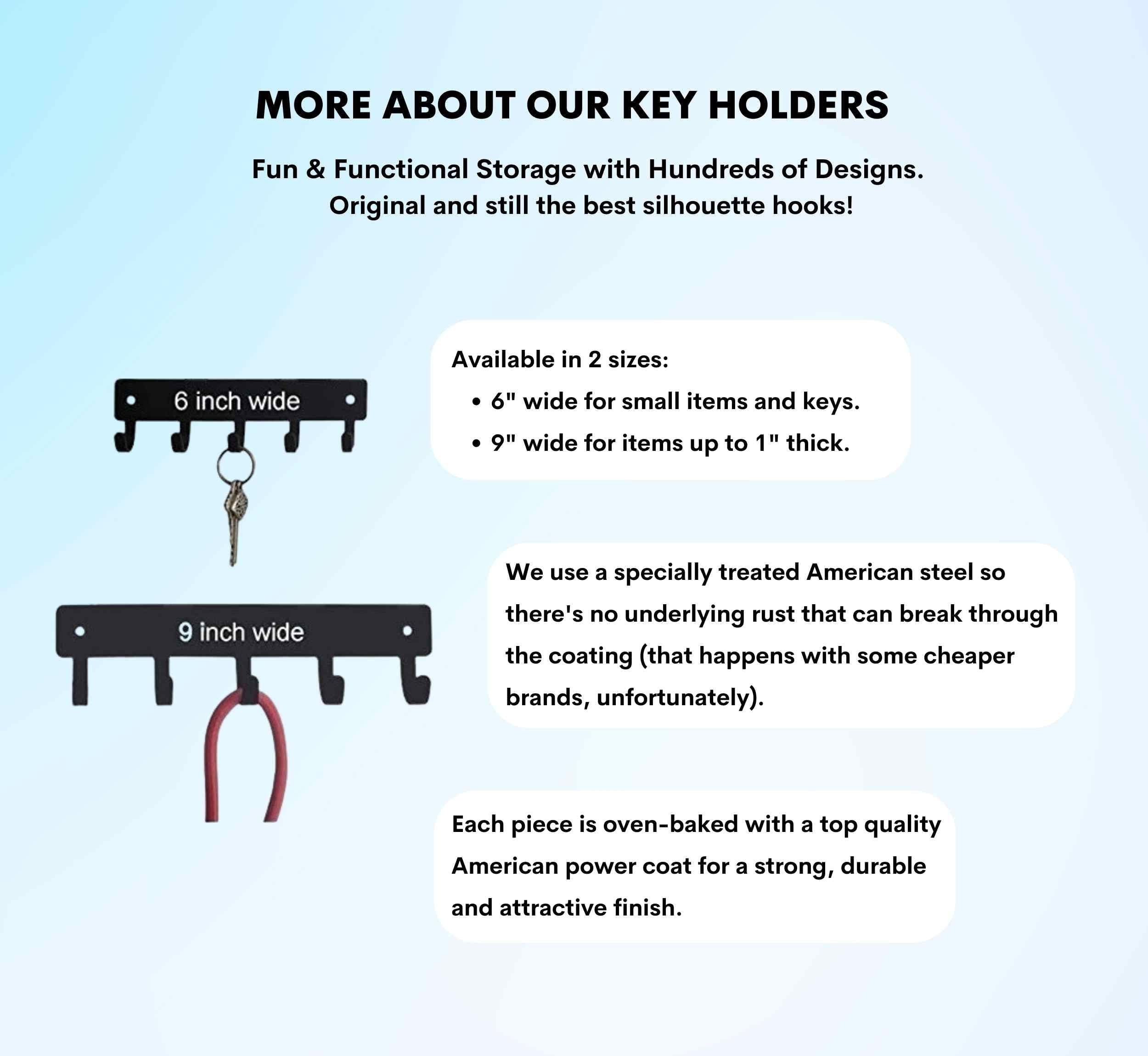 9 Inch Plain Key Holder & Sports Medal Hanger - 5 Hooks, Black | Wall Mount Organizer for Keys, Badges, Jewelry | Made in USA