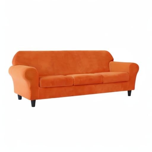 CONRUSER Stretch Sofa Slipcover - Soft Velvet 3-Cushion Couch Cover, Thick Furniture Protector for Pets & Kids (Orange, Large) - Perfect for Living Room, Family Room & Pet-Friendly Homes