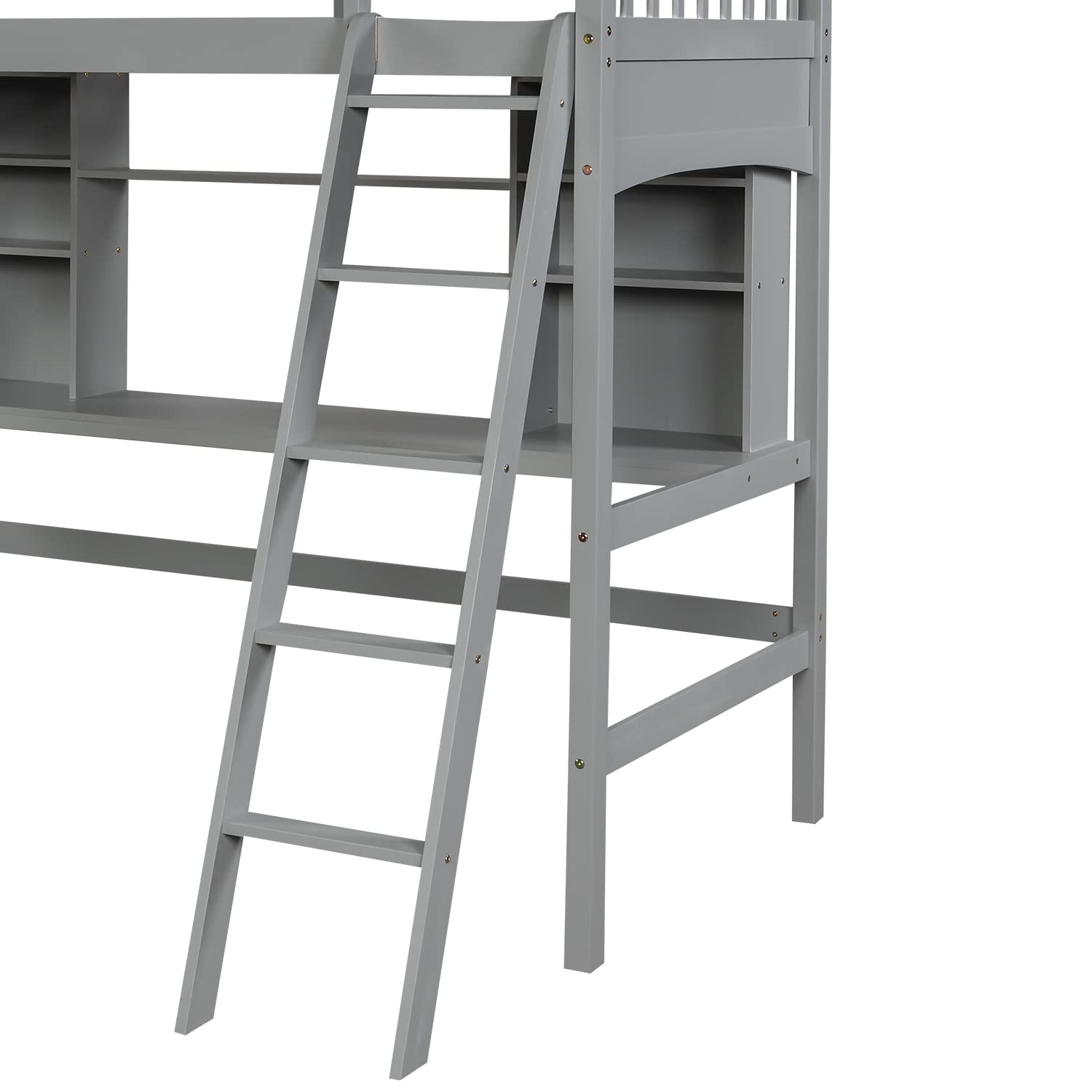 Merax Twin Size Loft Bed with Storage Shelves, Desk & Ladder - Space-Saving Gray Study Bed for Kids & Teens - Perfect for Small Bedrooms, Dorms & Apartments