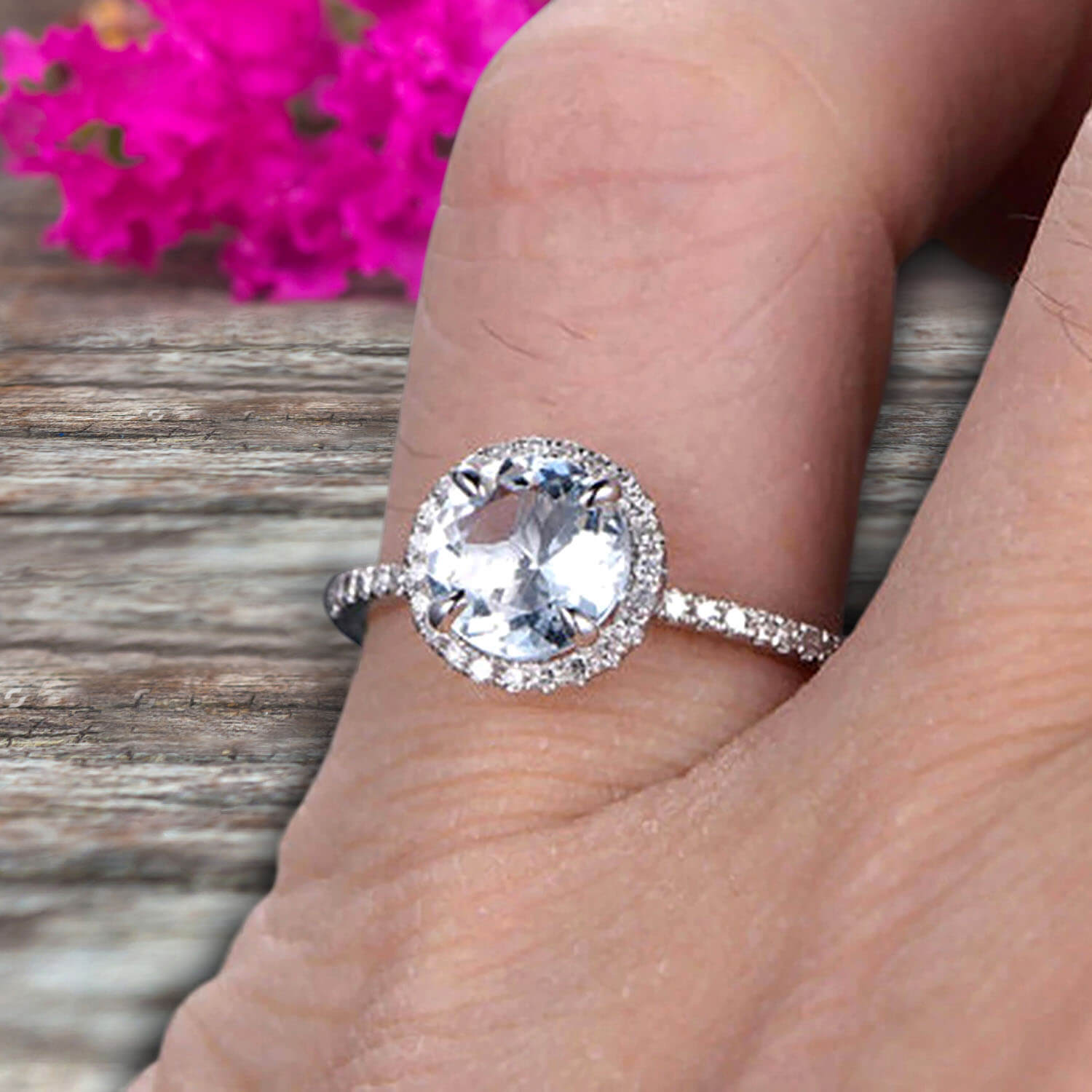 1.50 Carat Round Cut Aquamarine Engagement Ring in 10k White Gold - Art Deco Halo Design for Wedding, Proposal & Anniversary Gifts